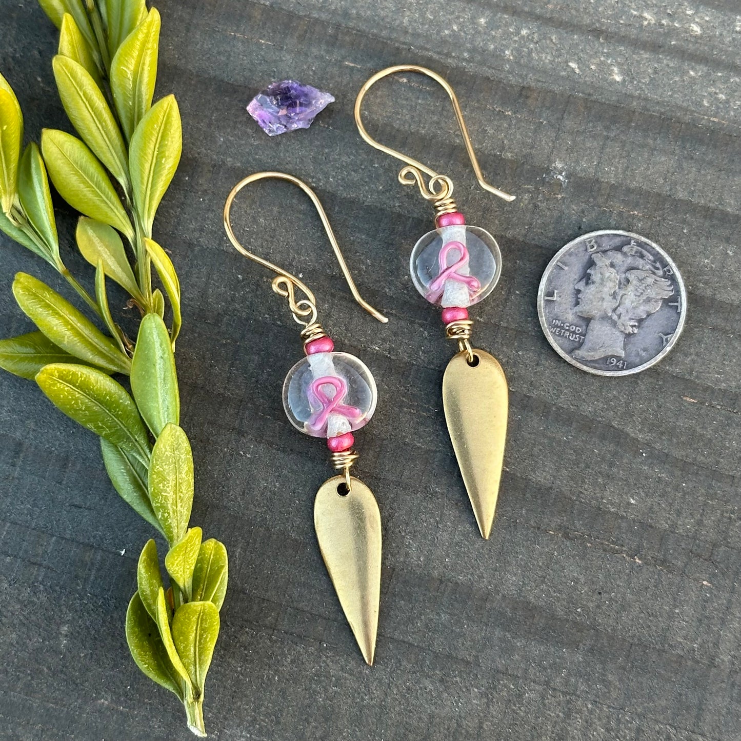 Pink Ribbon Earrings with Brass Accents