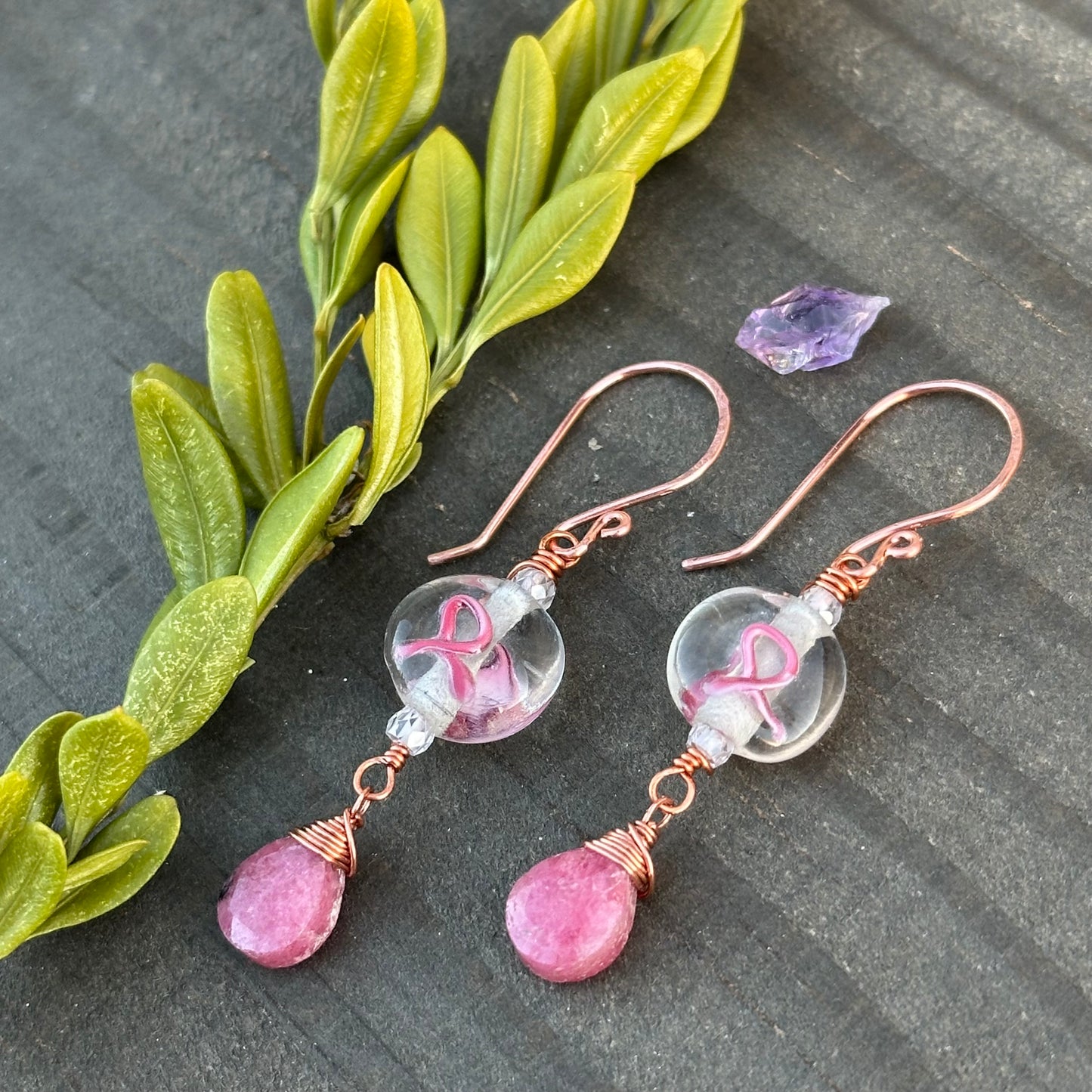 Pink Ribbon Earrings with Rhodonite Drops