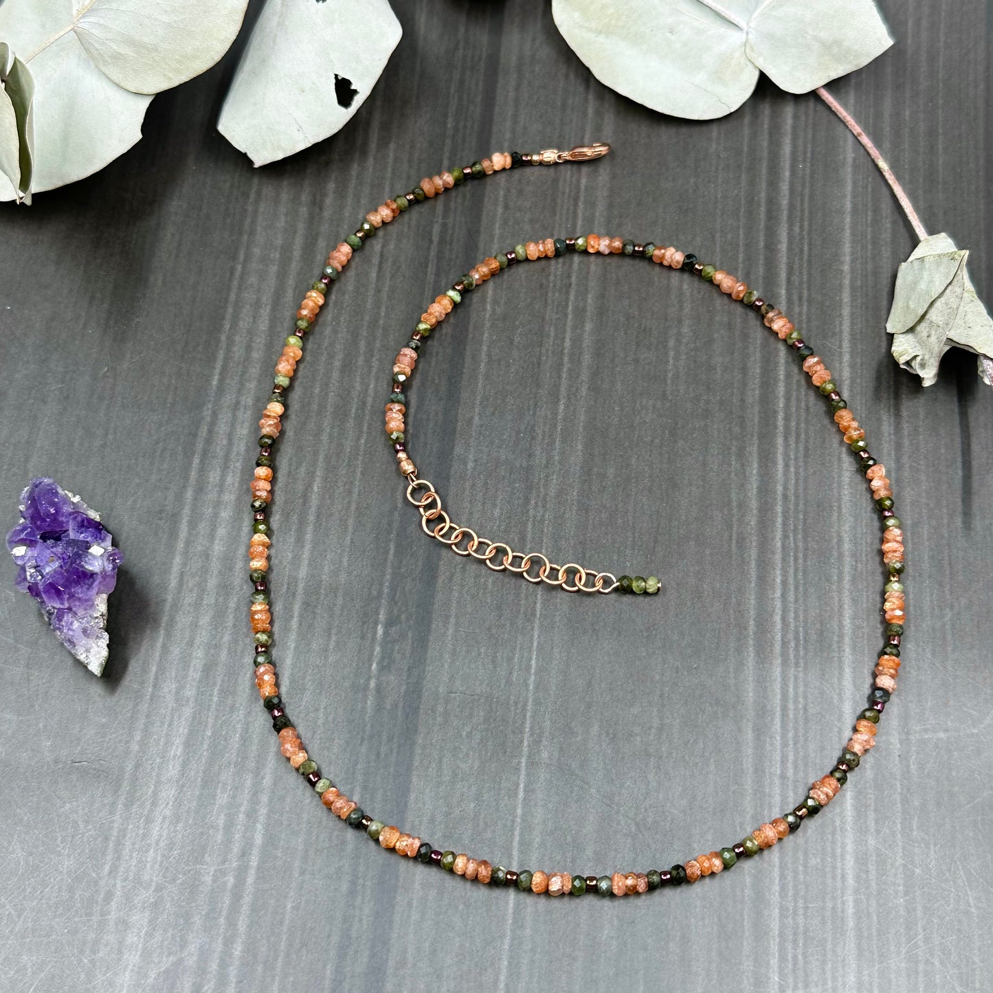 Sunstone and Green Tourmaline necklace in copper
