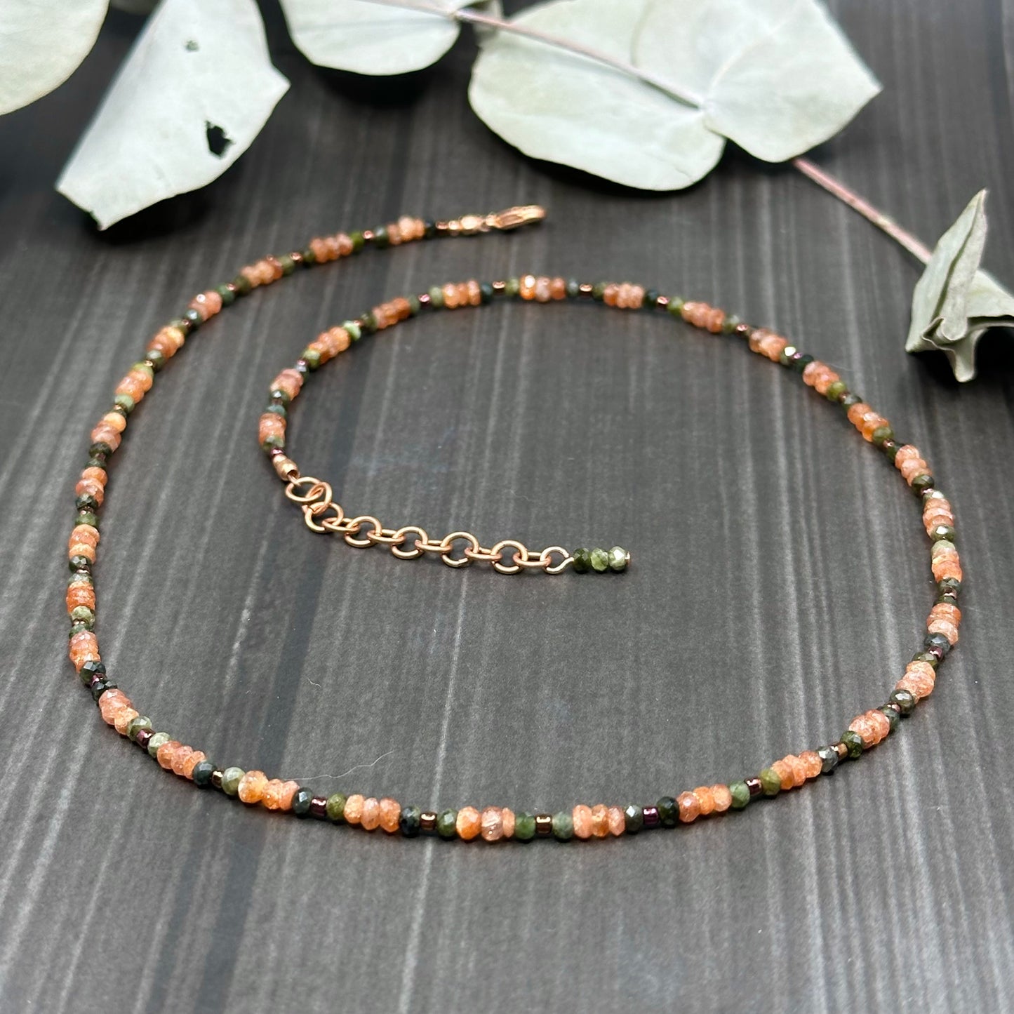 Sunstone and Green Tourmaline necklace in copper