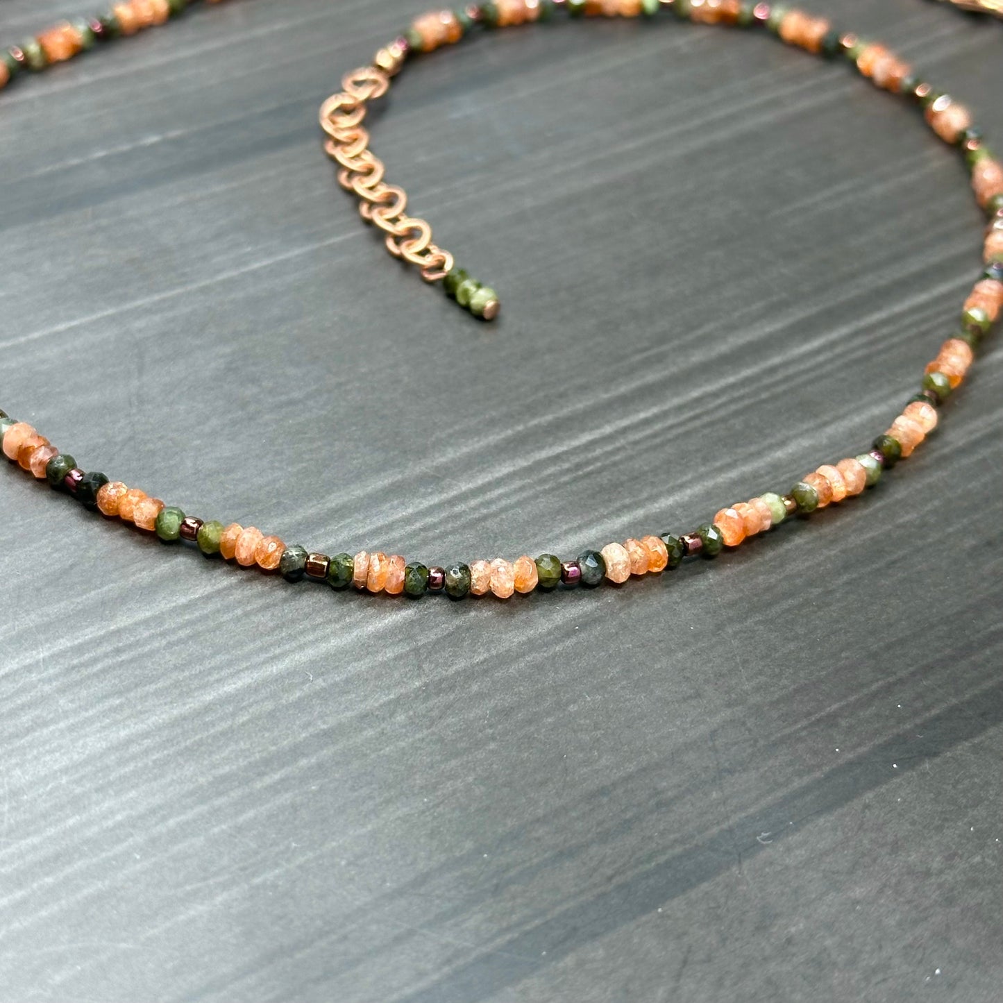 Sunstone and Green Tourmaline necklace in copper