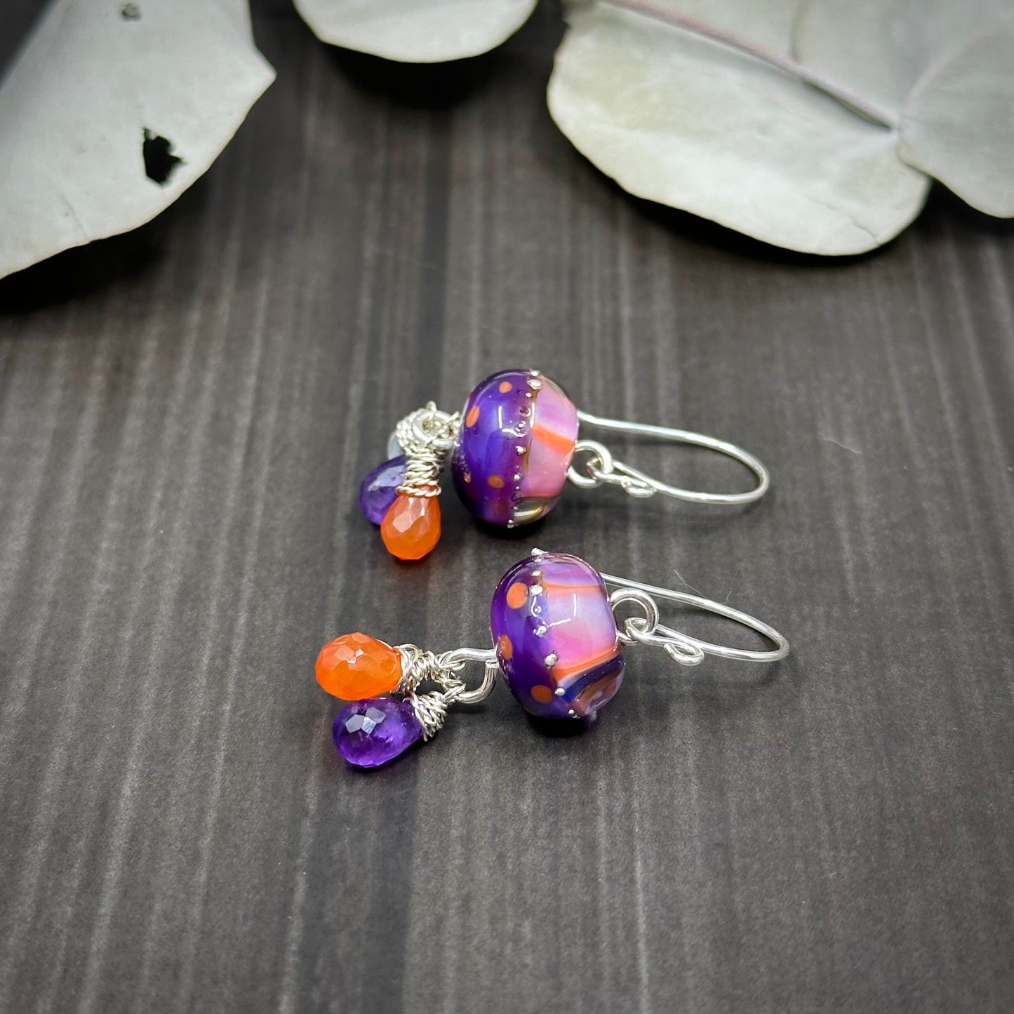 Artisan Glass, Sterling Silver, Carnelian, and Rainbow Moonstone Earrings