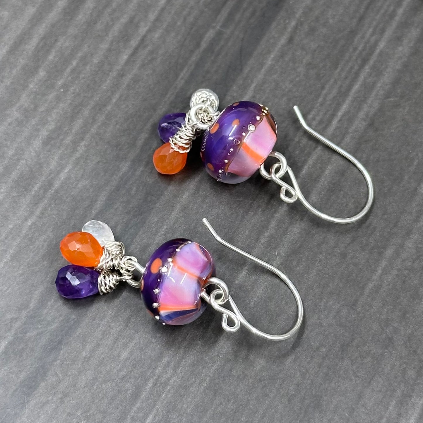 Artisan Glass, Sterling Silver, Carnelian, and Rainbow Moonstone Earrings