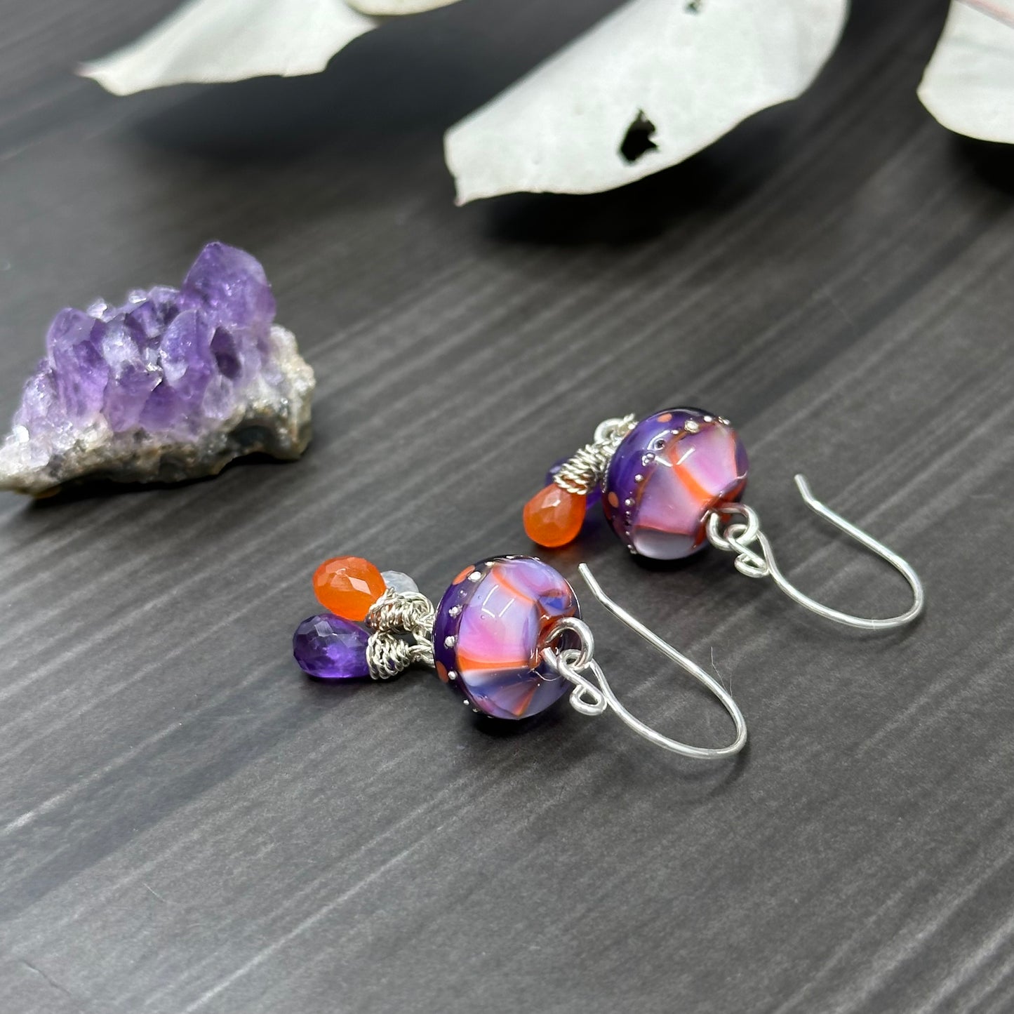 Artisan Glass, Sterling Silver, Carnelian, and Rainbow Moonstone Earrings