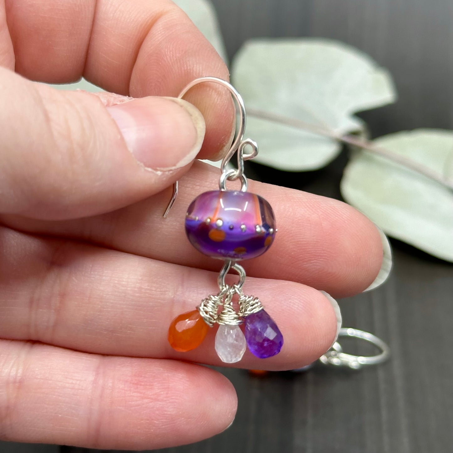Artisan Glass, Sterling Silver, Carnelian, and Rainbow Moonstone Earrings