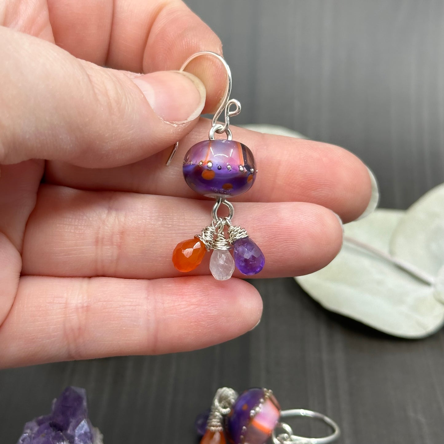Artisan Glass, Sterling Silver, Carnelian, and Rainbow Moonstone Earrings