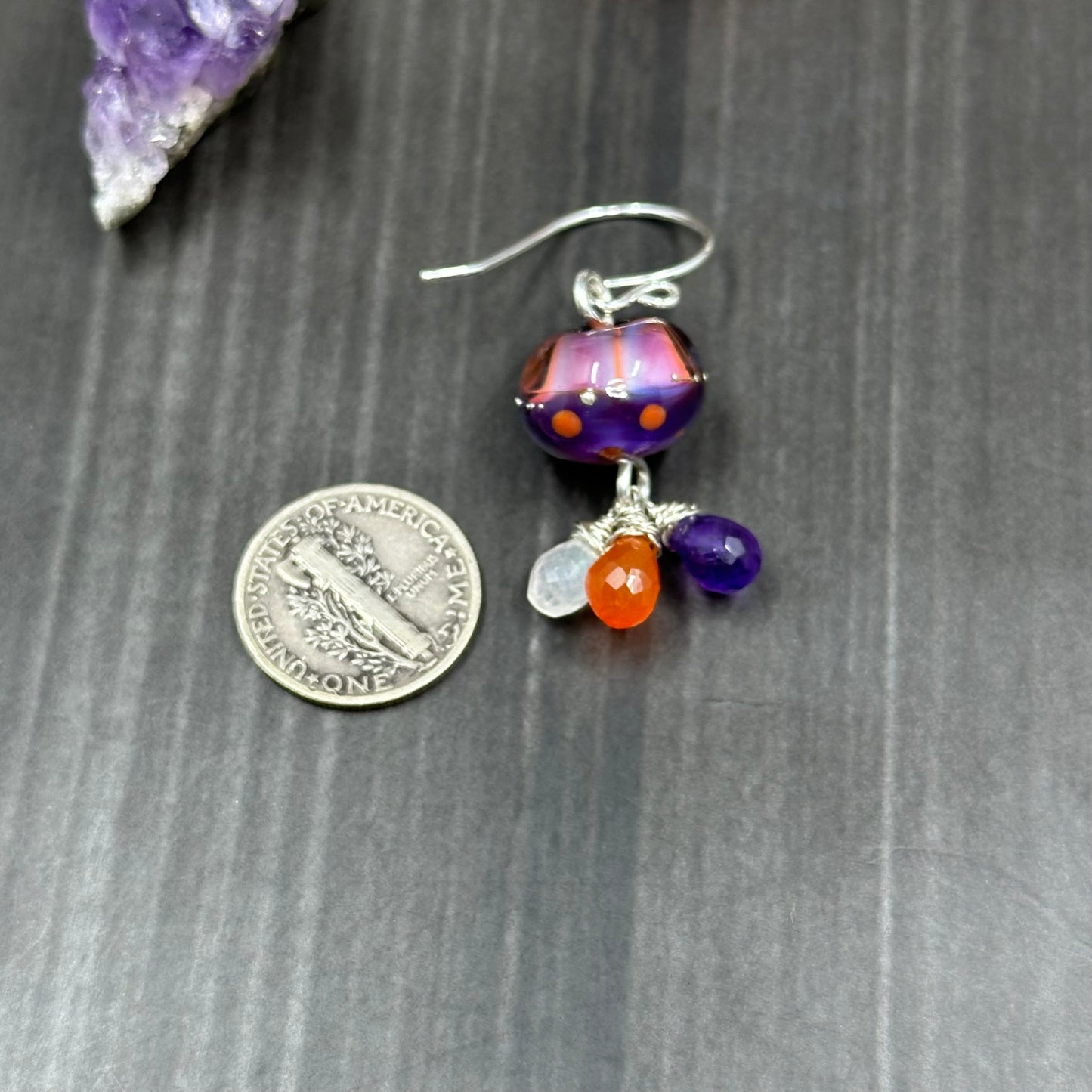Artisan Glass, Sterling Silver, Carnelian, and Rainbow Moonstone Earrings