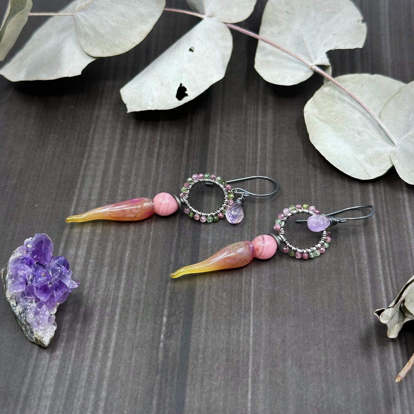 Sunrise Sterling Silver Earrings with Amethyst and Tourmaline