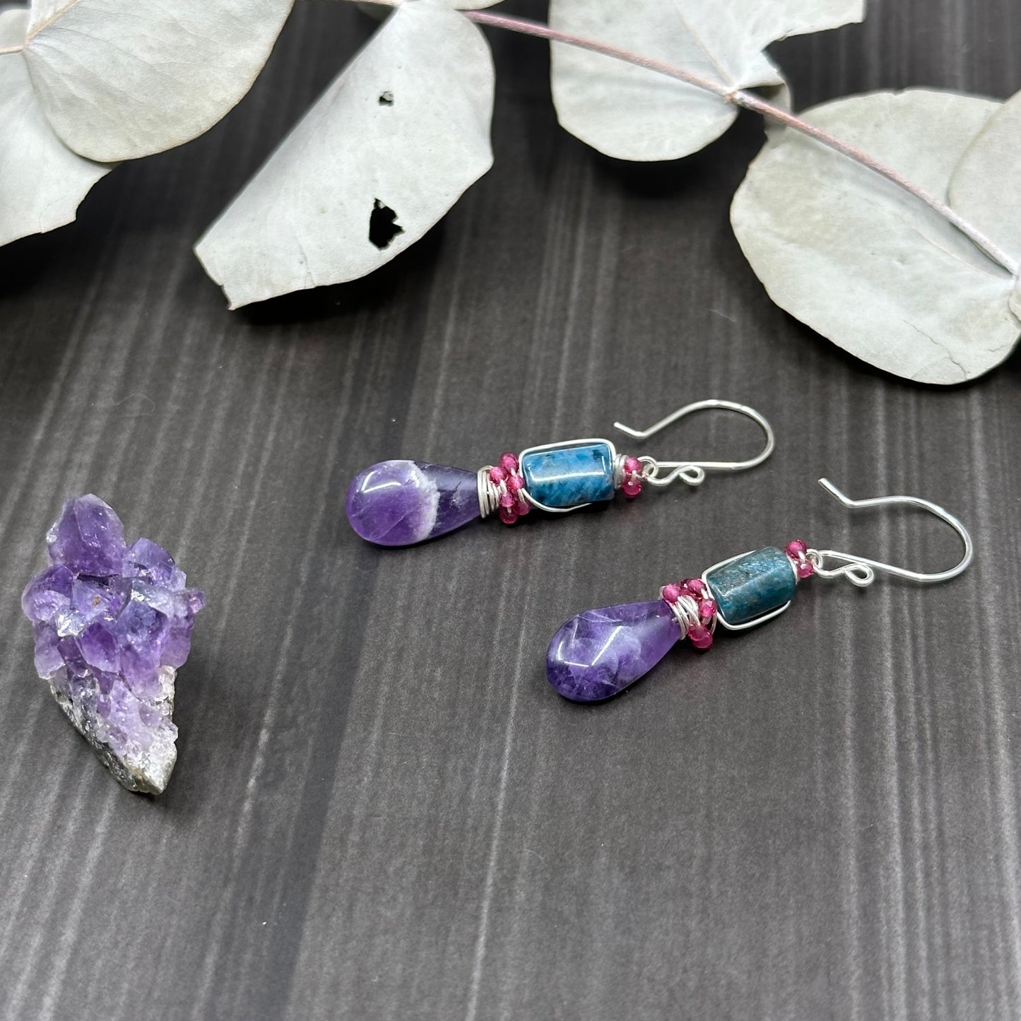 Sterling silver, amethyst, apatite, and cubic zirconia earrings