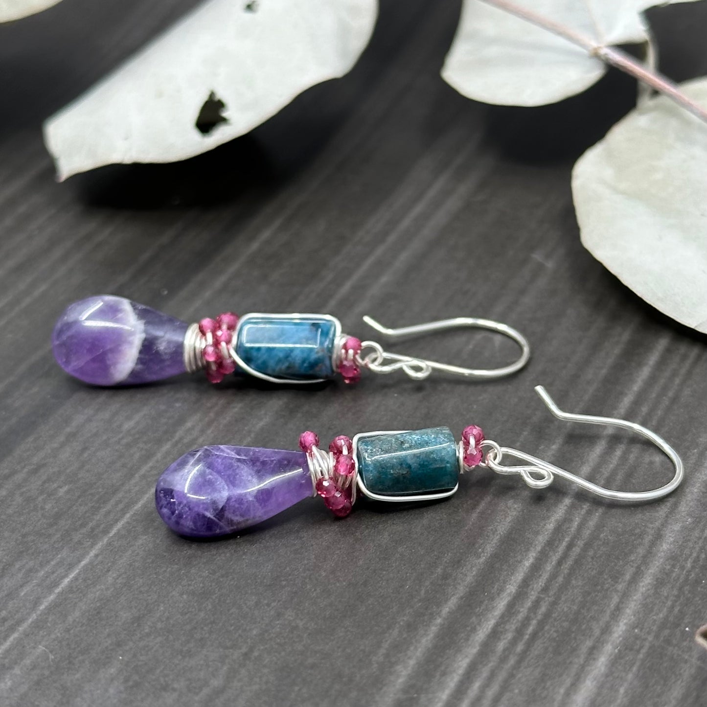 Sterling silver, amethyst, apatite, and cubic zirconia earrings