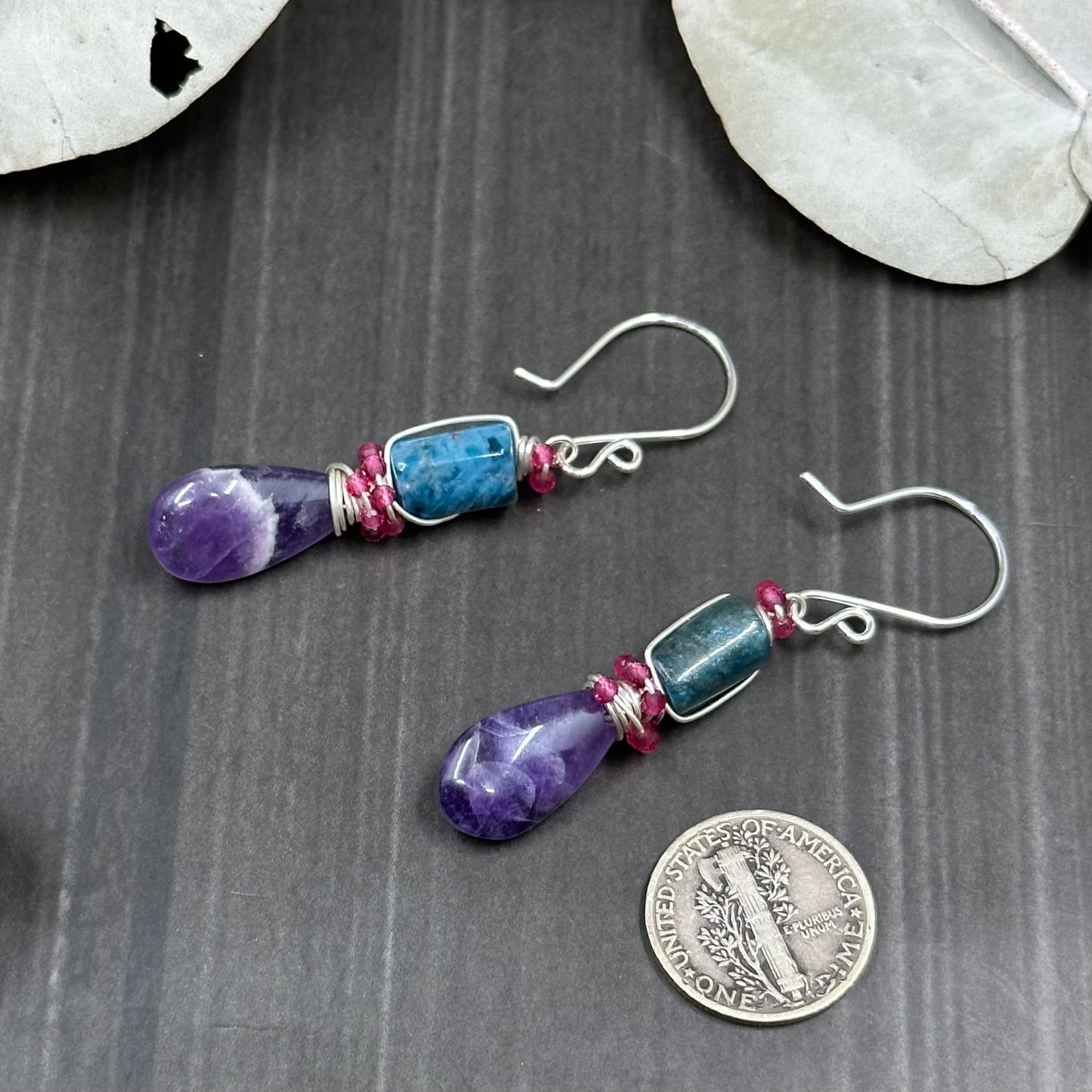 Sterling silver, amethyst, apatite, and cubic zirconia earrings