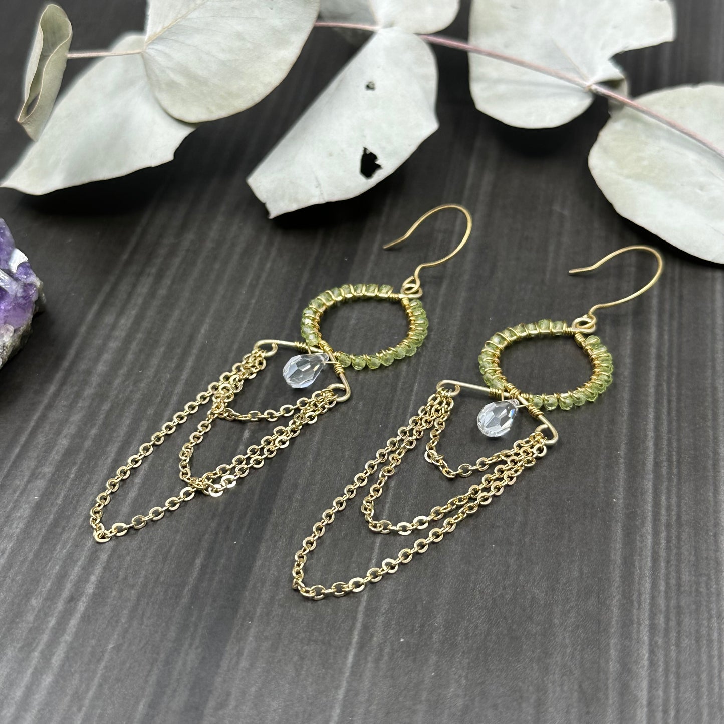 Brass, Peridot, and Crystal Draped Hoop Earrings
