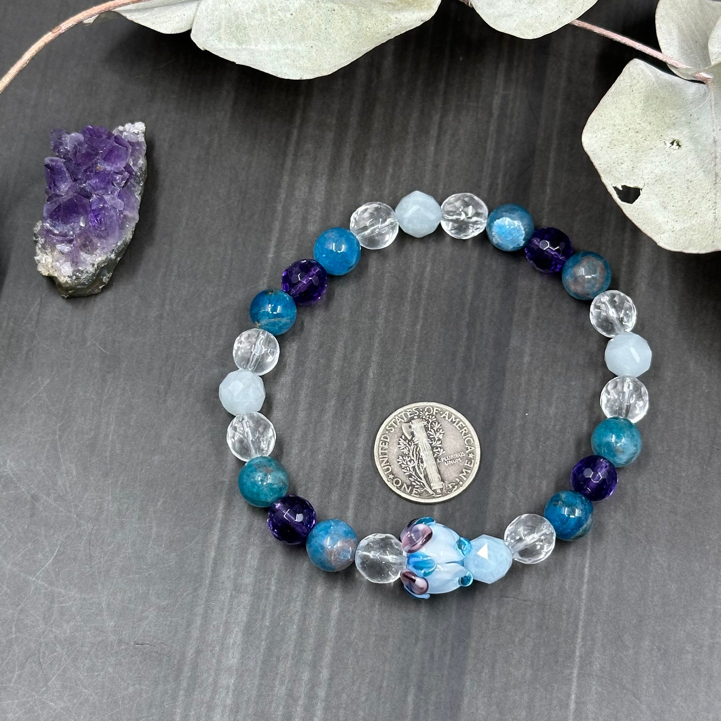 7 ¼" Stretch bracelet with Amethyst, Quartz, Aquamarine, Apatite, and Artisan Glass