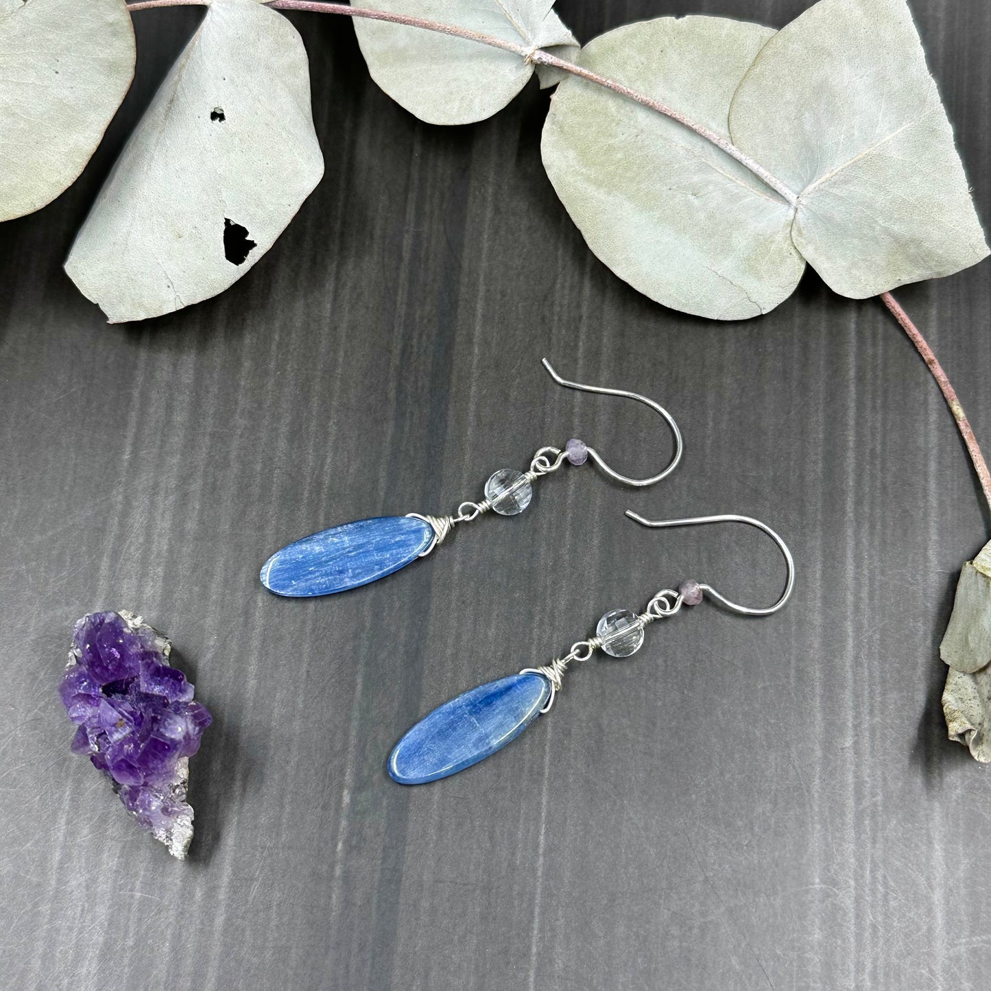 Kyanite, Quartz, and Cacoxenite Earrings in Sterling Silver