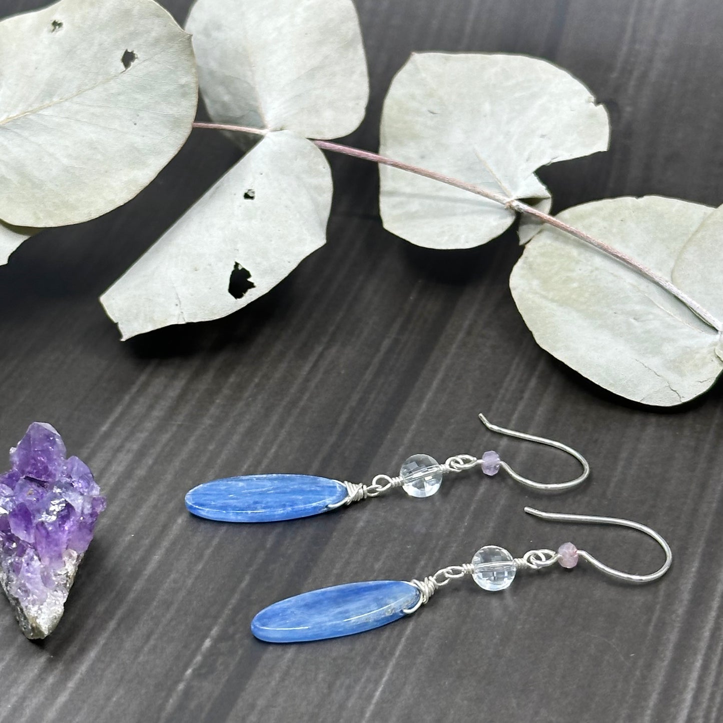 Kyanite, Quartz, and Cacoxenite Earrings in Sterling Silver