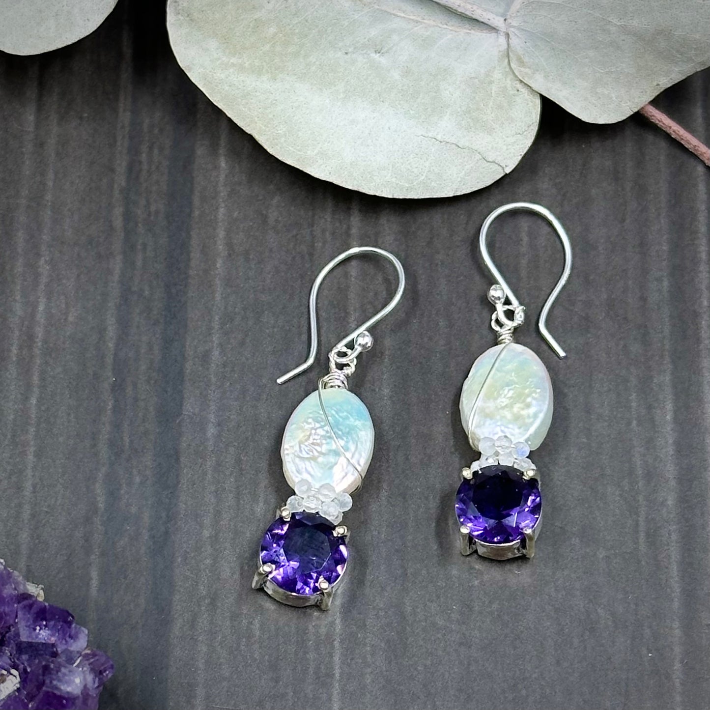 Amethyst, Pearl, Rainbow Moonstone, and Sterling Silver Earrings