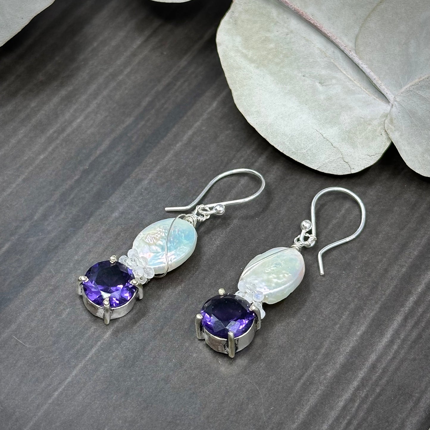 Amethyst, Pearl, Rainbow Moonstone, and Sterling Silver Earrings