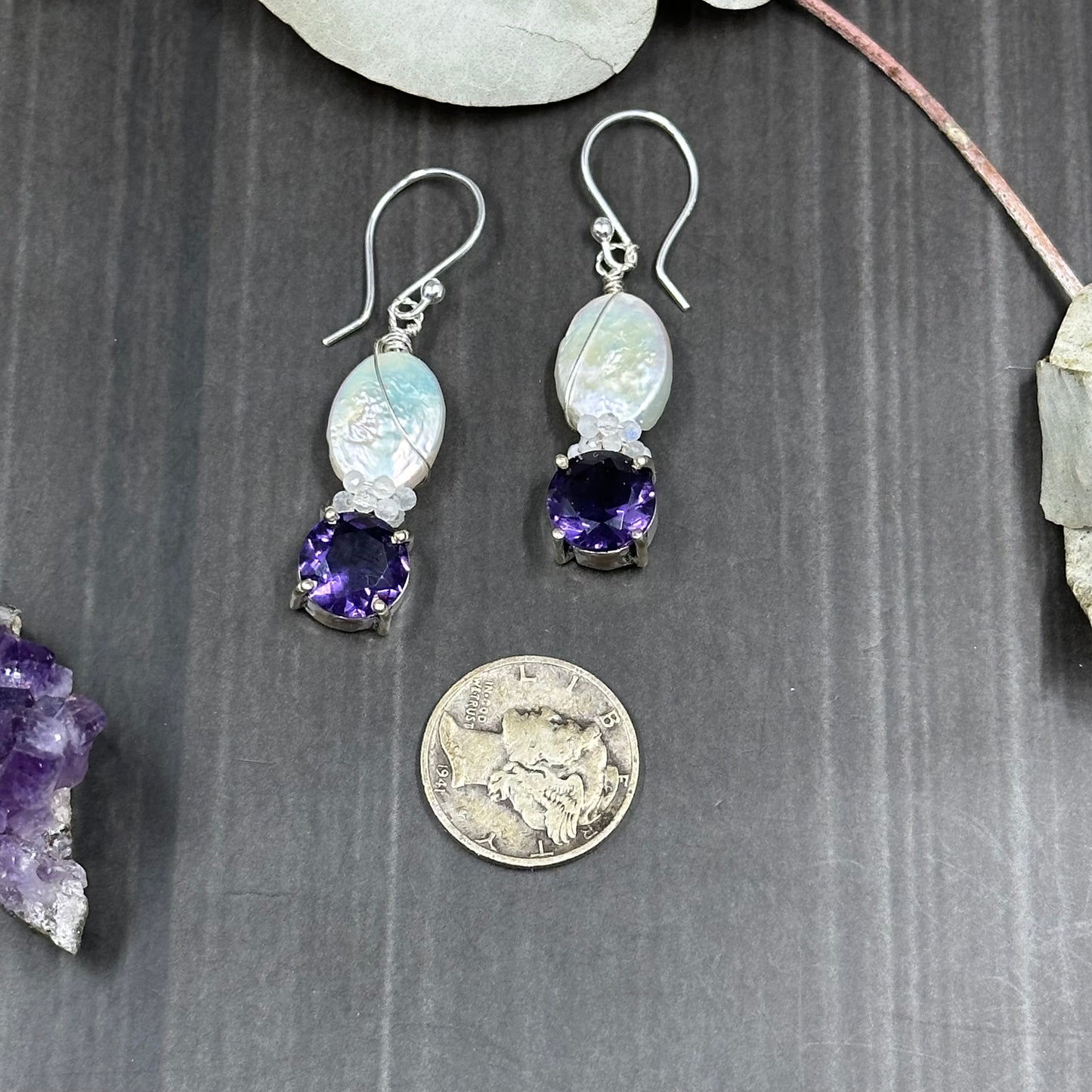 Amethyst, Pearl, Rainbow Moonstone, and Sterling Silver Earrings