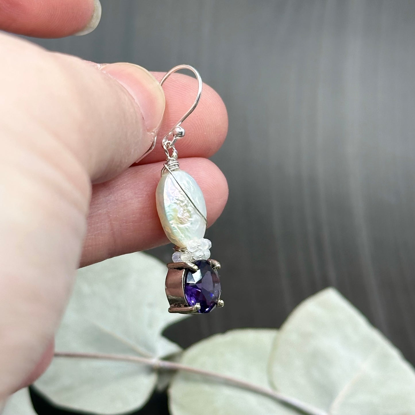 Amethyst, Pearl, Rainbow Moonstone, and Sterling Silver Earrings