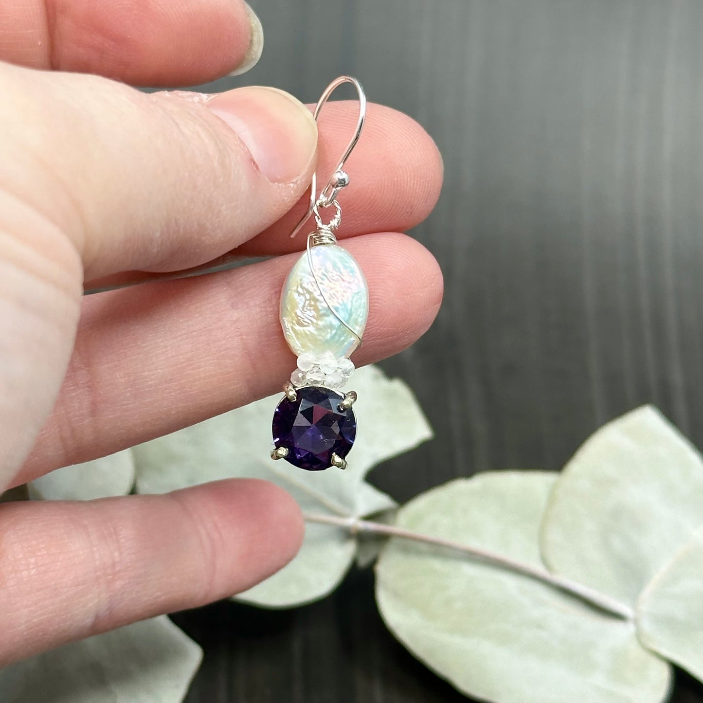 Amethyst, Pearl, Rainbow Moonstone, and Sterling Silver Earrings