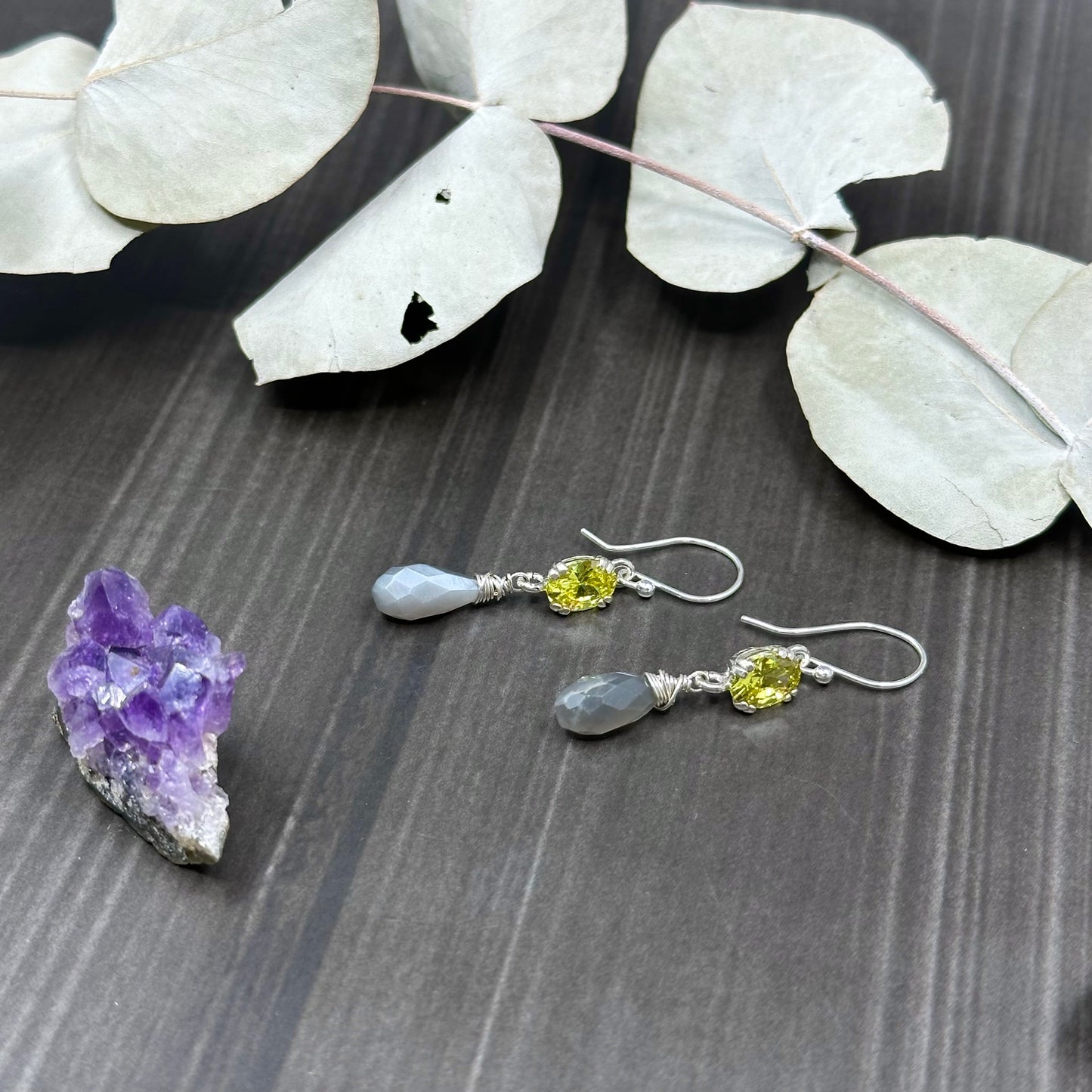 Citrine and Gray Moonstone Earrings in Sterling Silver