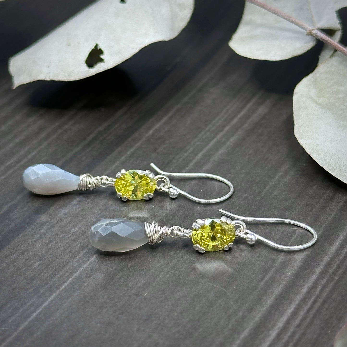 Citrine and Gray Moonstone Earrings in Sterling Silver