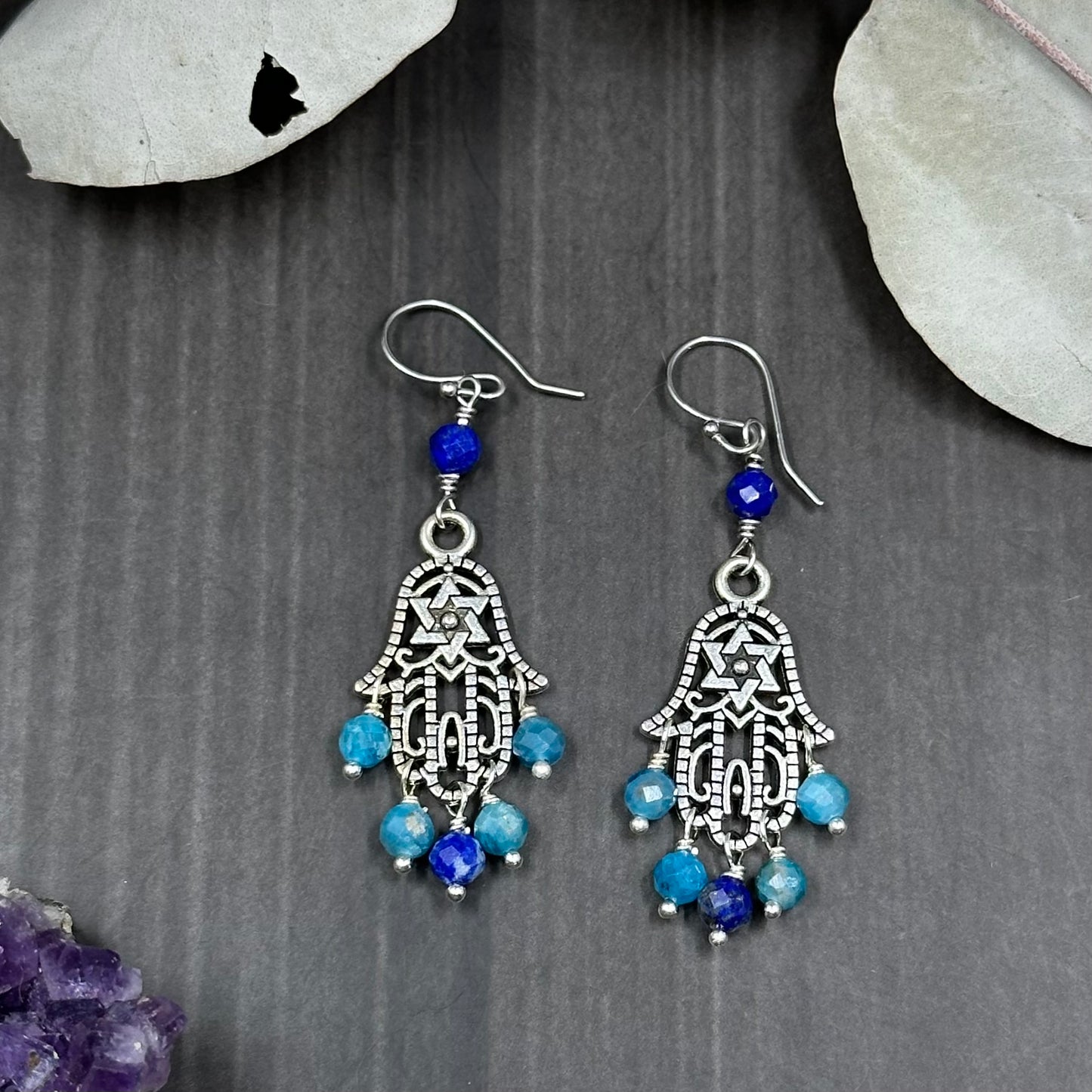 Apatite and Lapis Hamsa Earrings