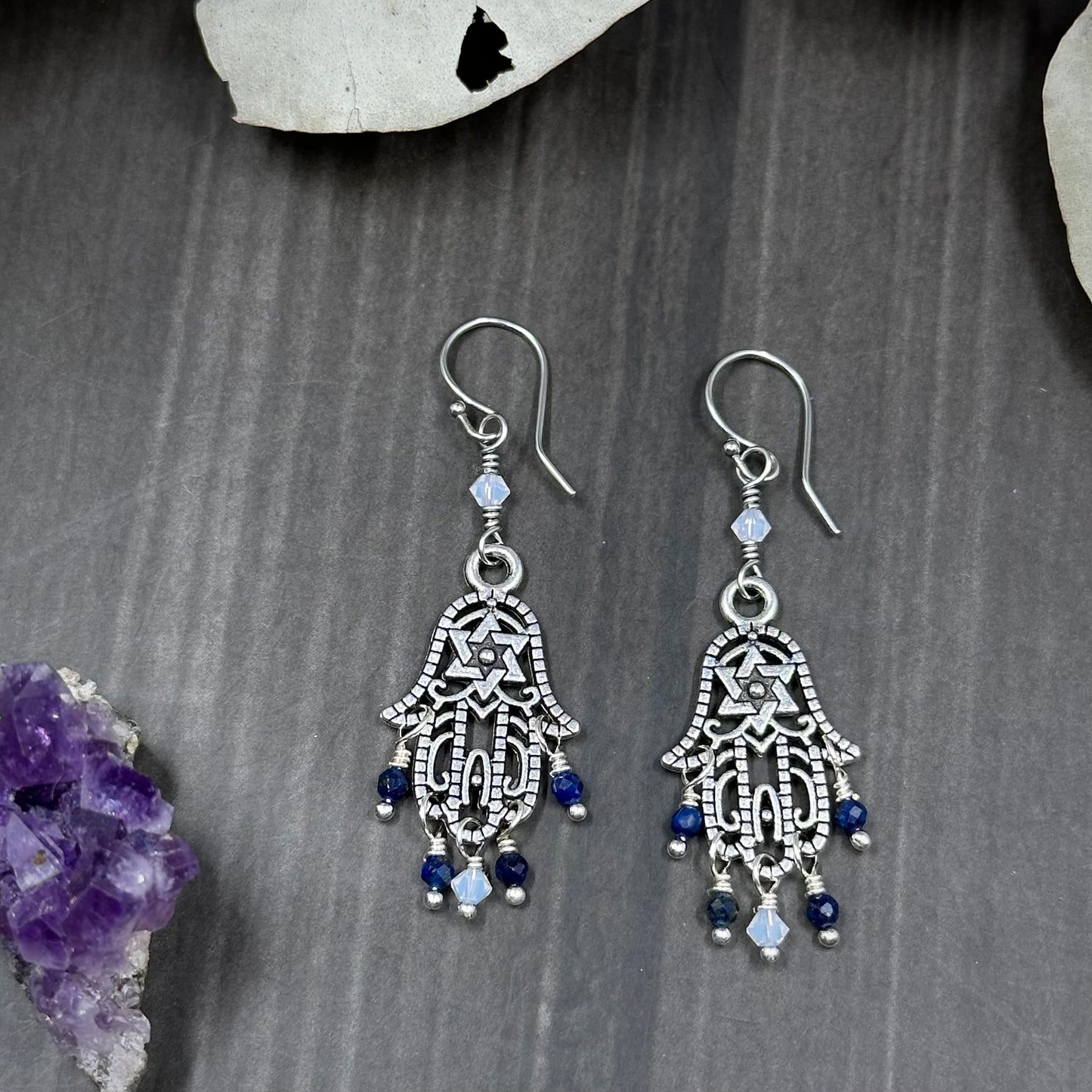 Crystal and Lapis Lazuli Hamsa Earrings