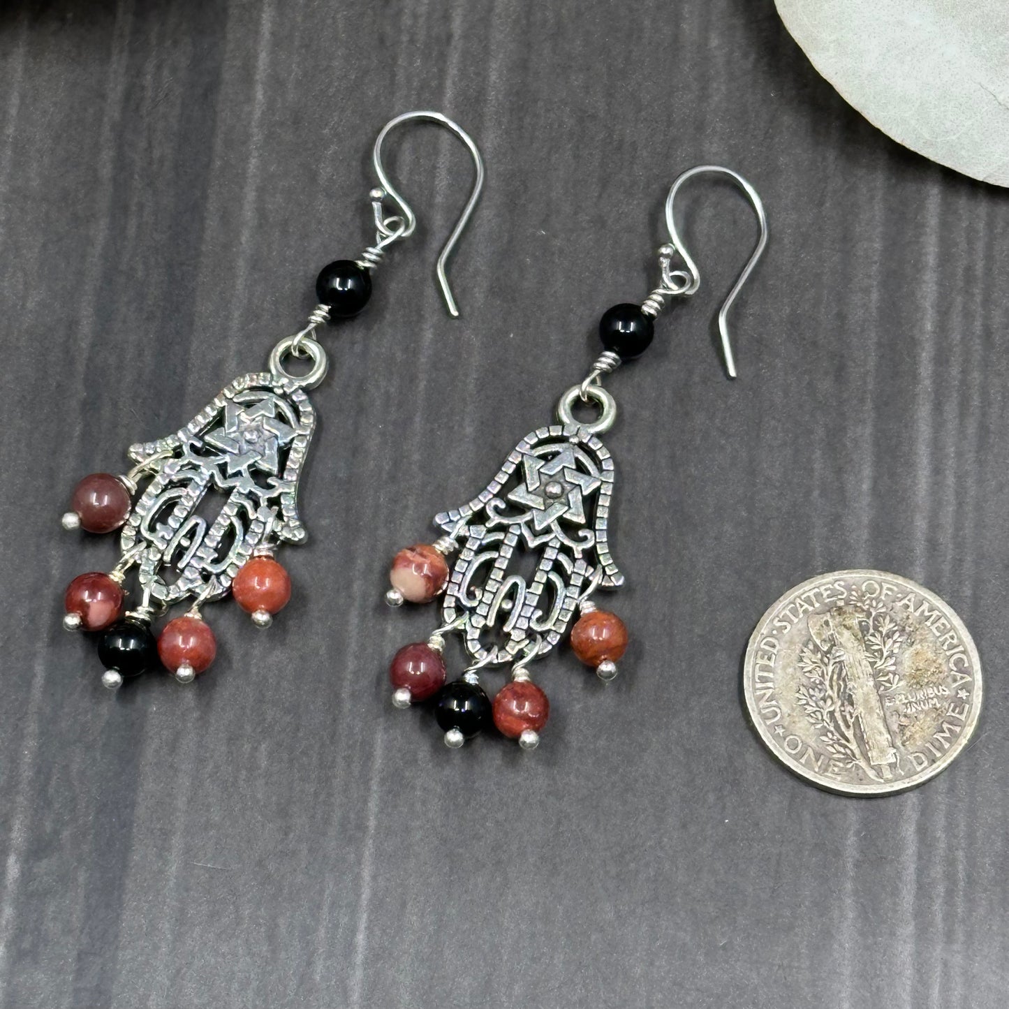 Onyx and Porcelain Jasper Hamsa Earrings