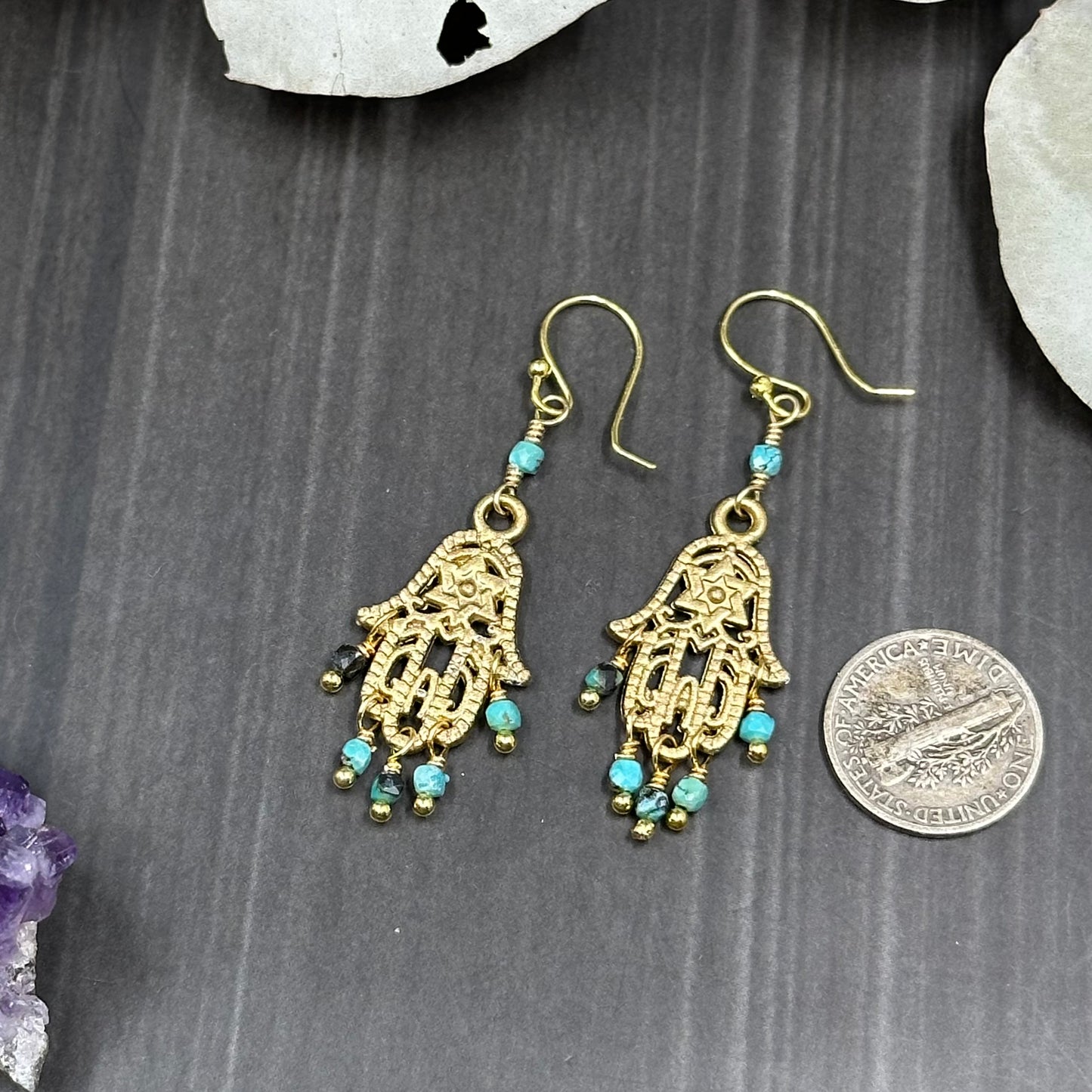 Gold Colored Hamsa Earrings with Genuine Turquoise