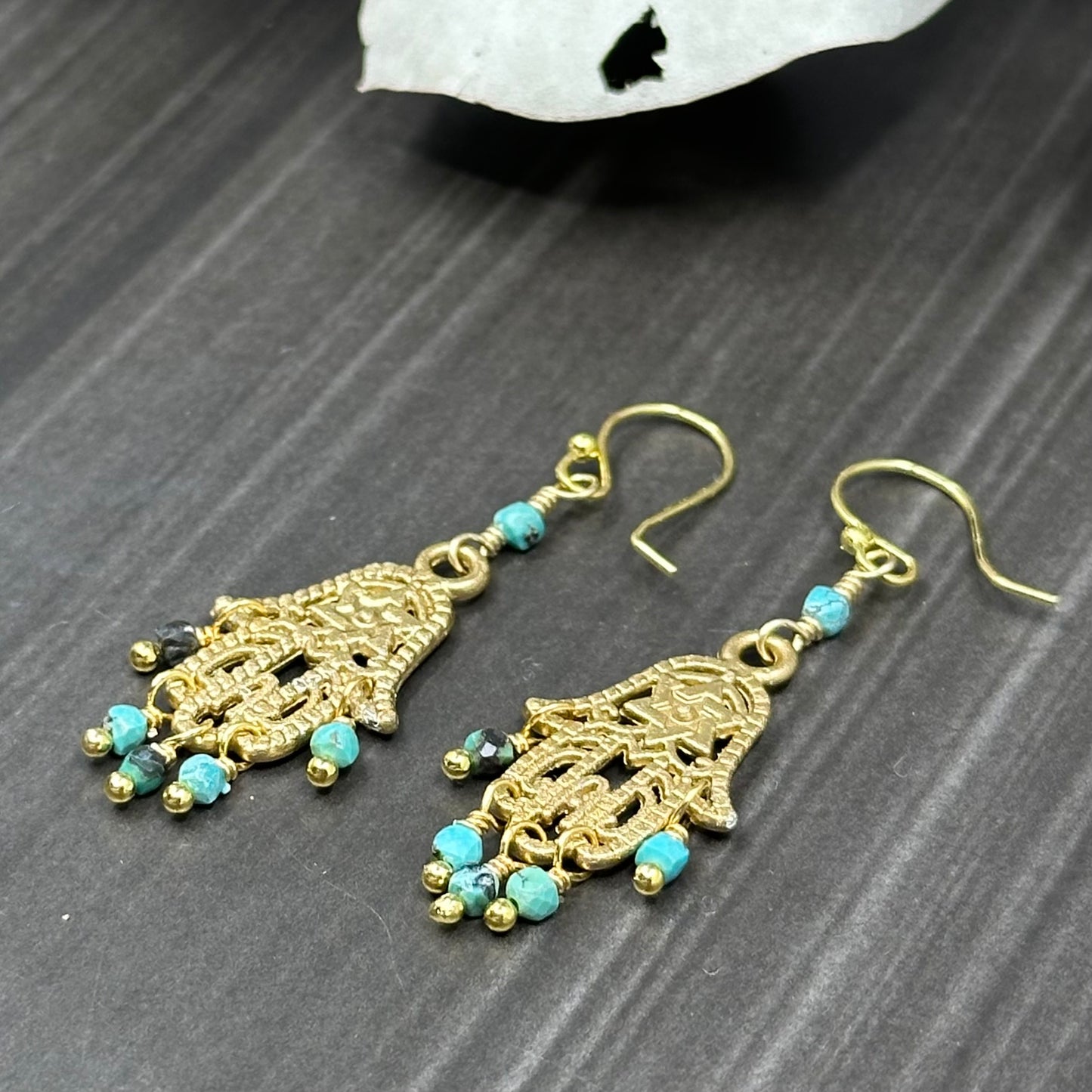 Gold Colored Hamsa Earrings with Genuine Turquoise