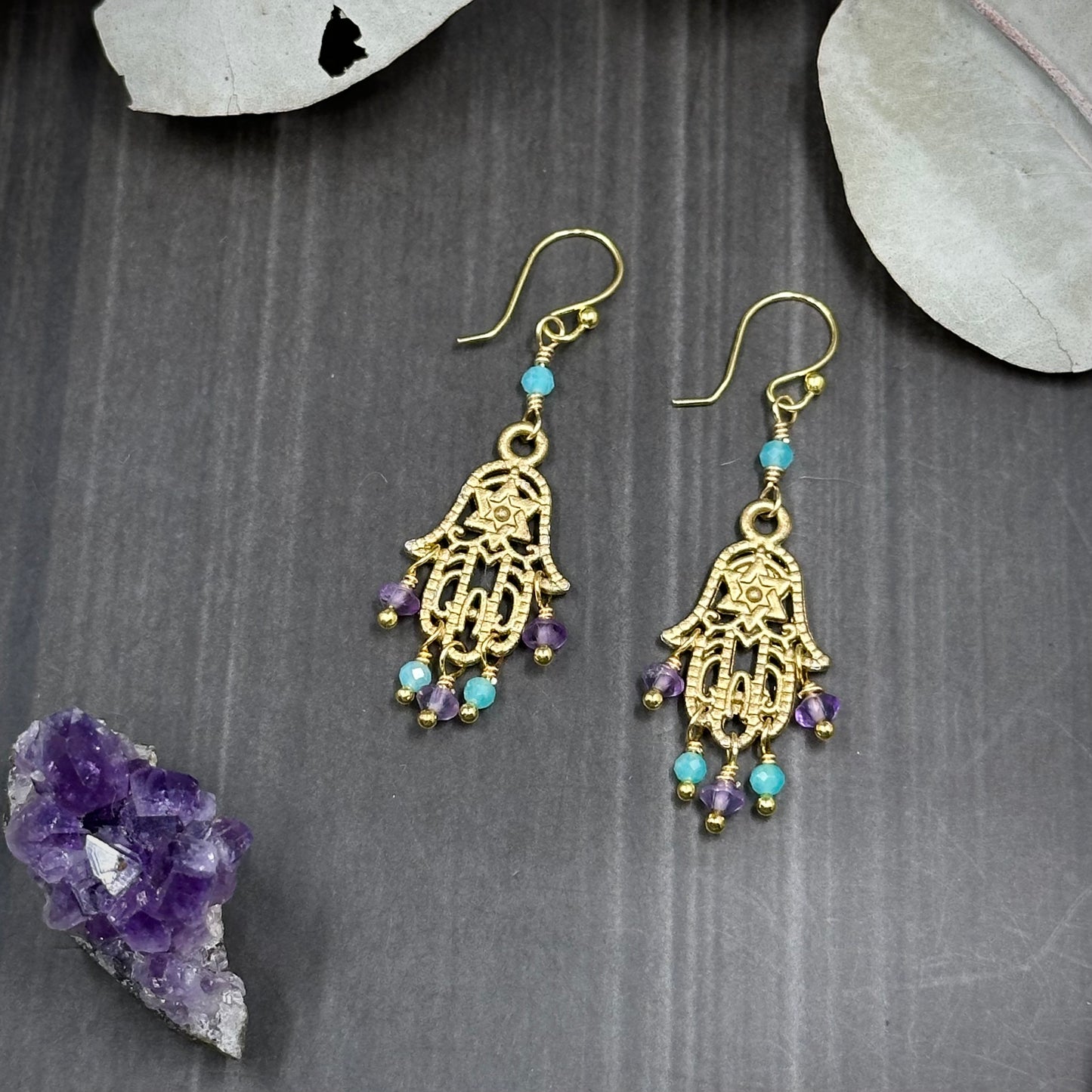 Gold Colored Hamsa Earrings with Amazonite and Amethyst