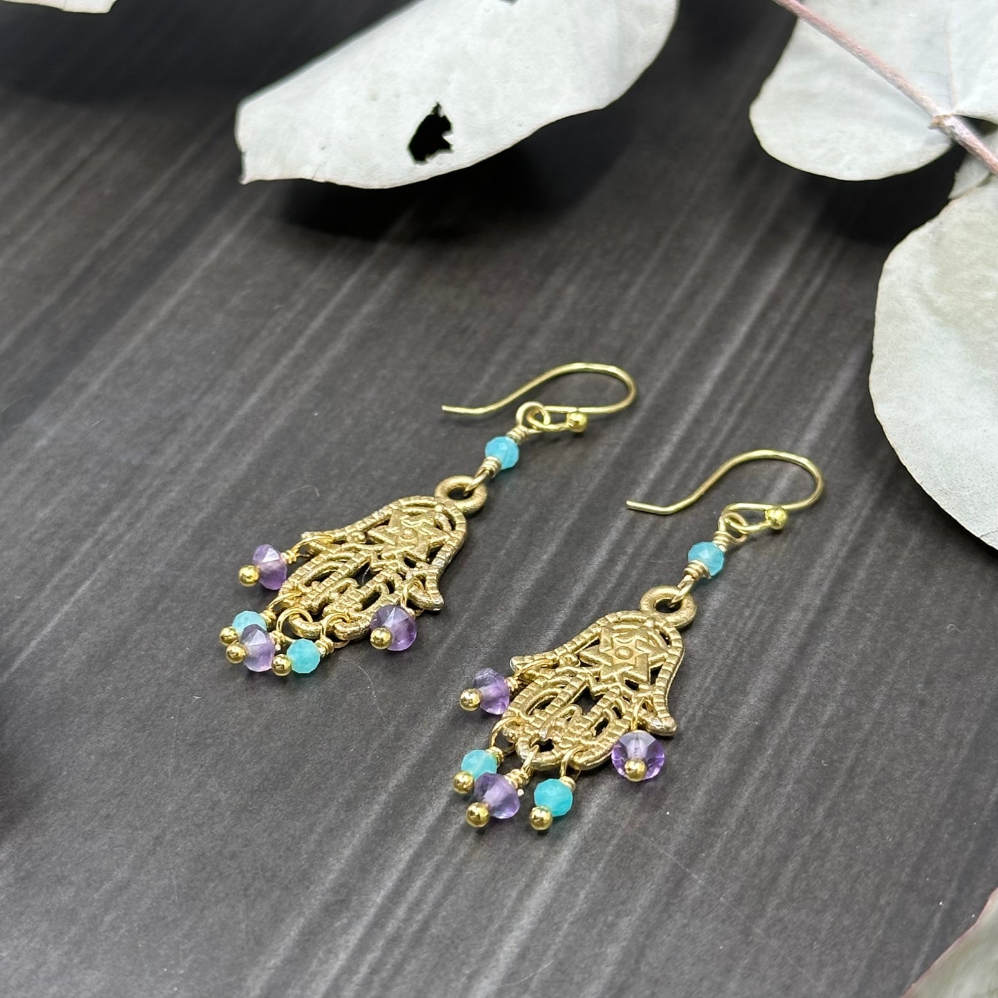Gold Colored Hamsa Earrings with Amazonite and Amethyst