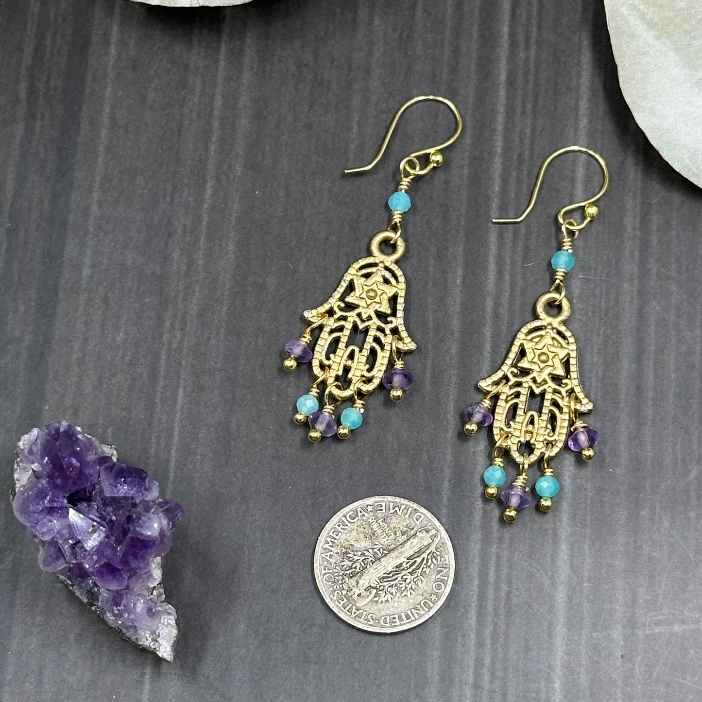 Gold Colored Hamsa Earrings with Amazonite and Amethyst