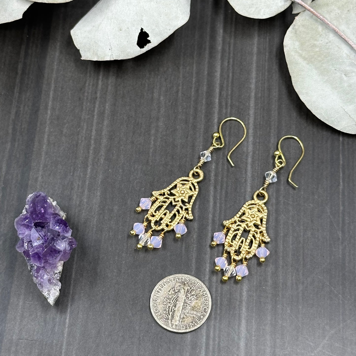 Gold Colored Hamsa Earrings with Pink and White Glass Crystals