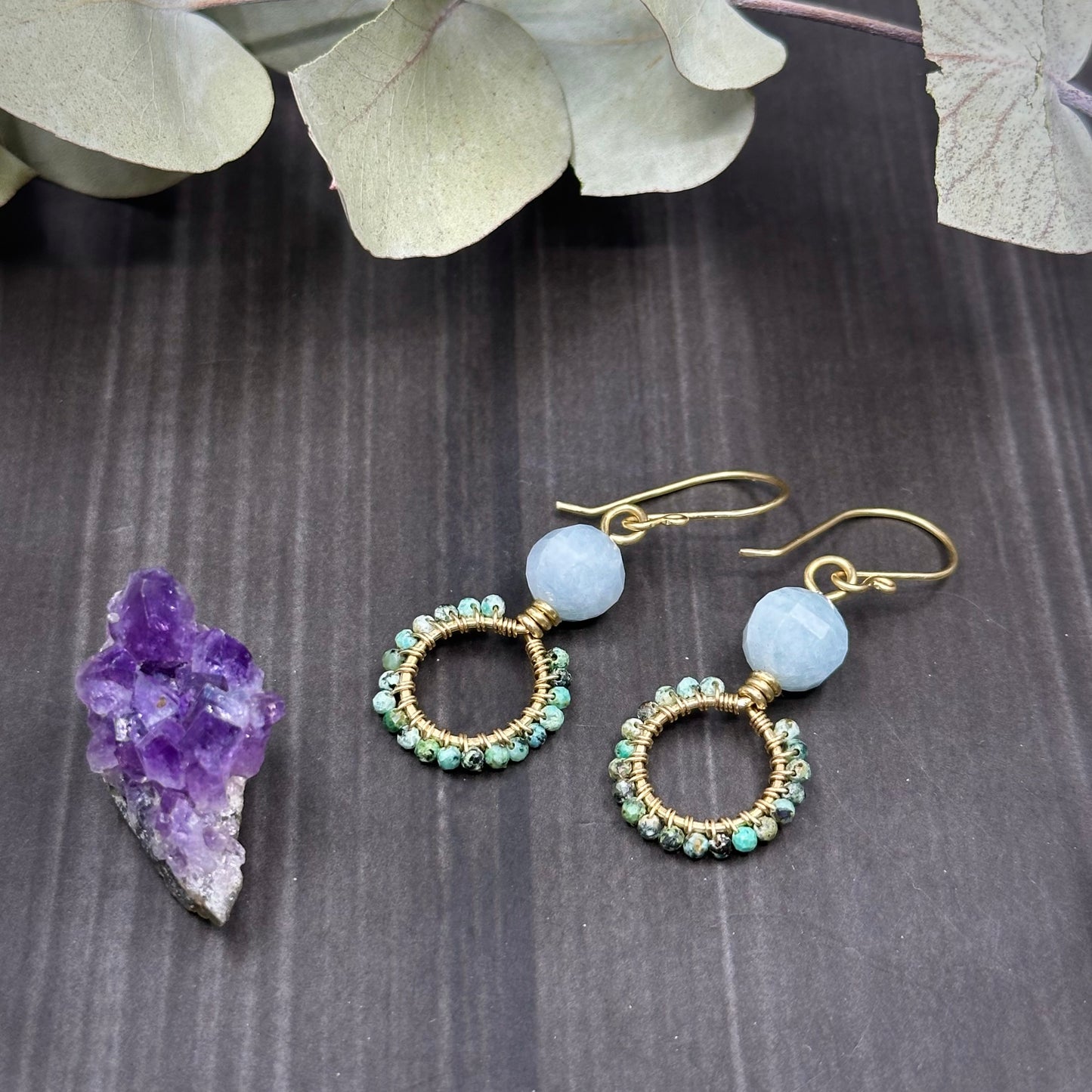 Red Brass, Aquamarine, and Huebi Turquoise Hoop Earrings