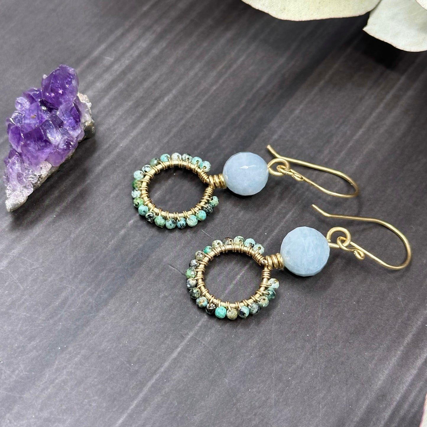 Red Brass, Aquamarine, and Huebi Turquoise Hoop Earrings