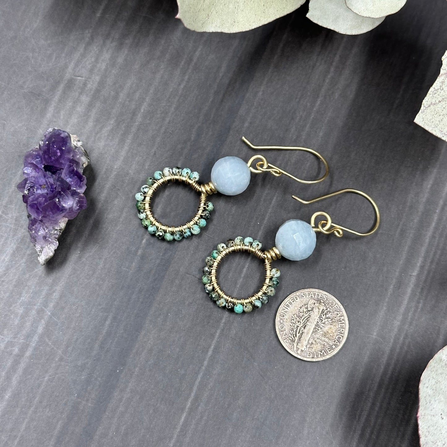 Red Brass, Aquamarine, and Huebi Turquoise Hoop Earrings