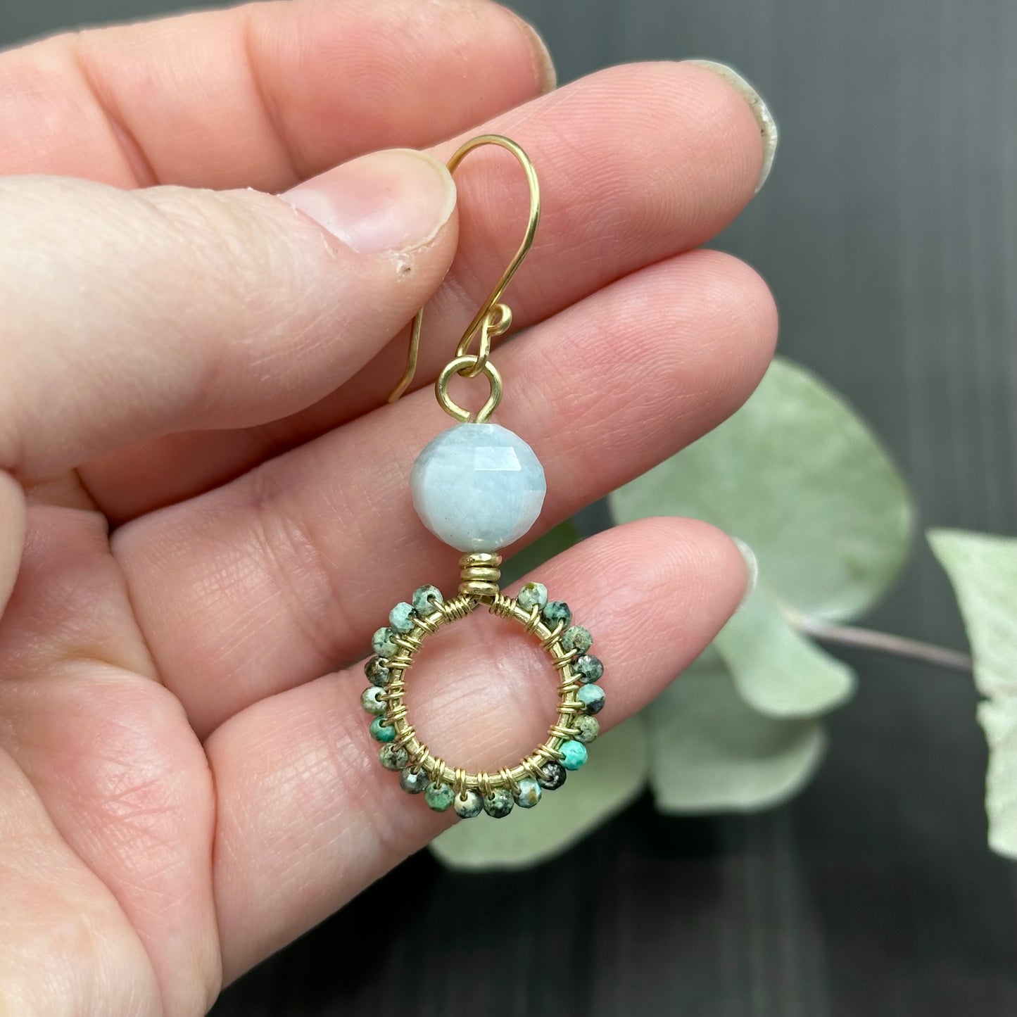 Red Brass, Aquamarine, and Huebi Turquoise Hoop Earrings