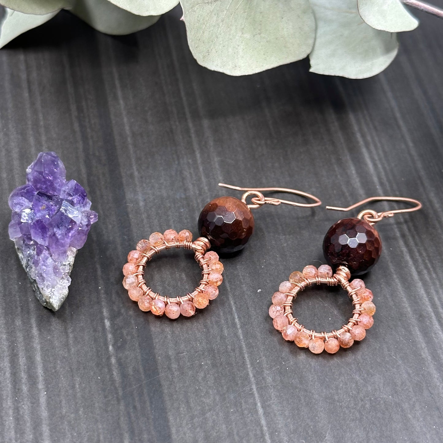 Red Tiger's Eye, Sunstone, and Copper Hoop Earrings