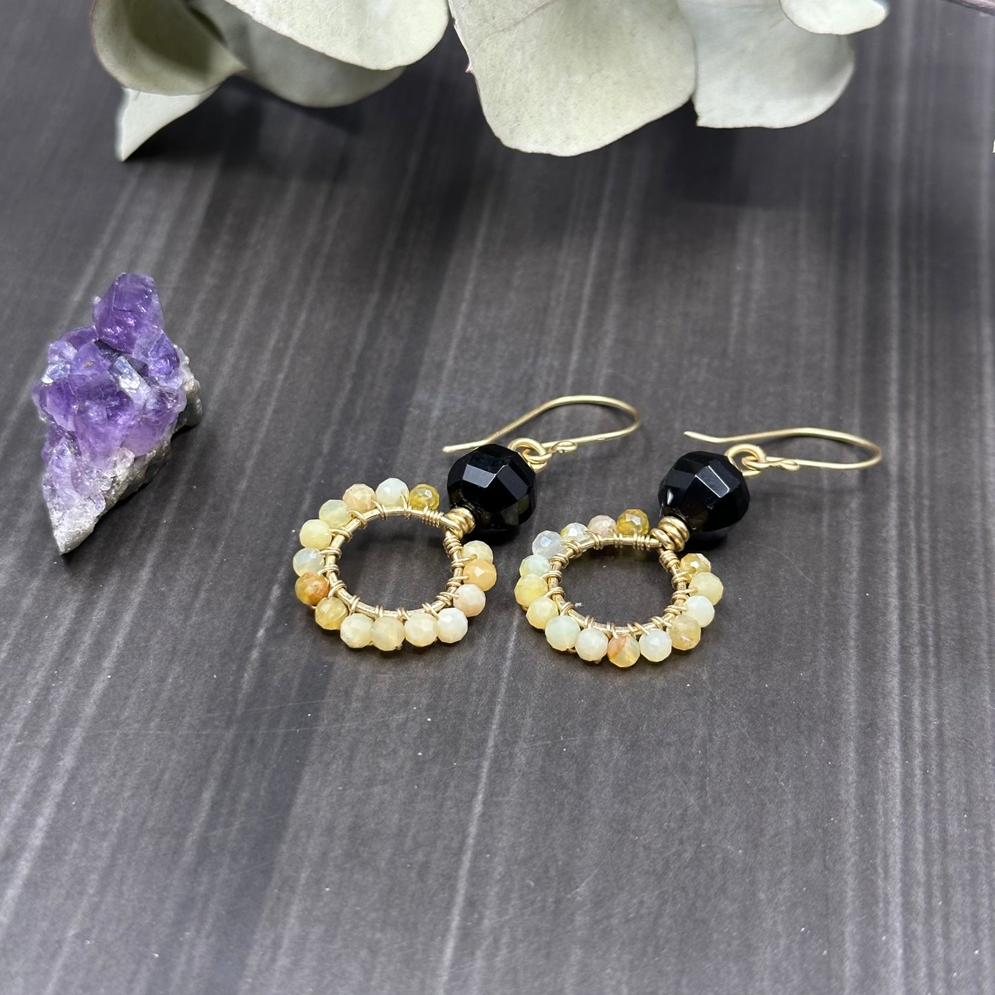 Yellow opal, Black onyx, and Red Brass Hoops