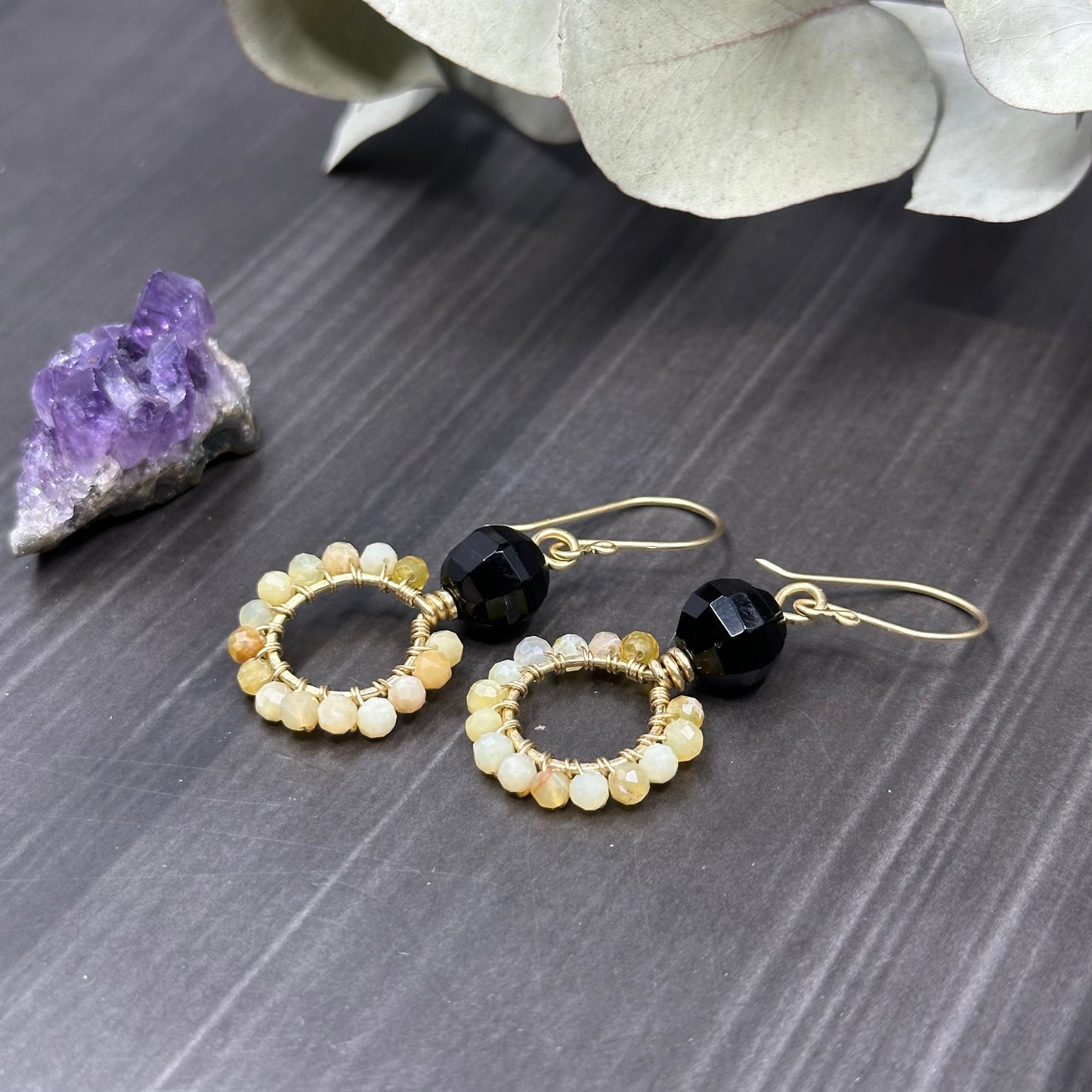 Yellow opal, Black onyx, and Red Brass Hoops