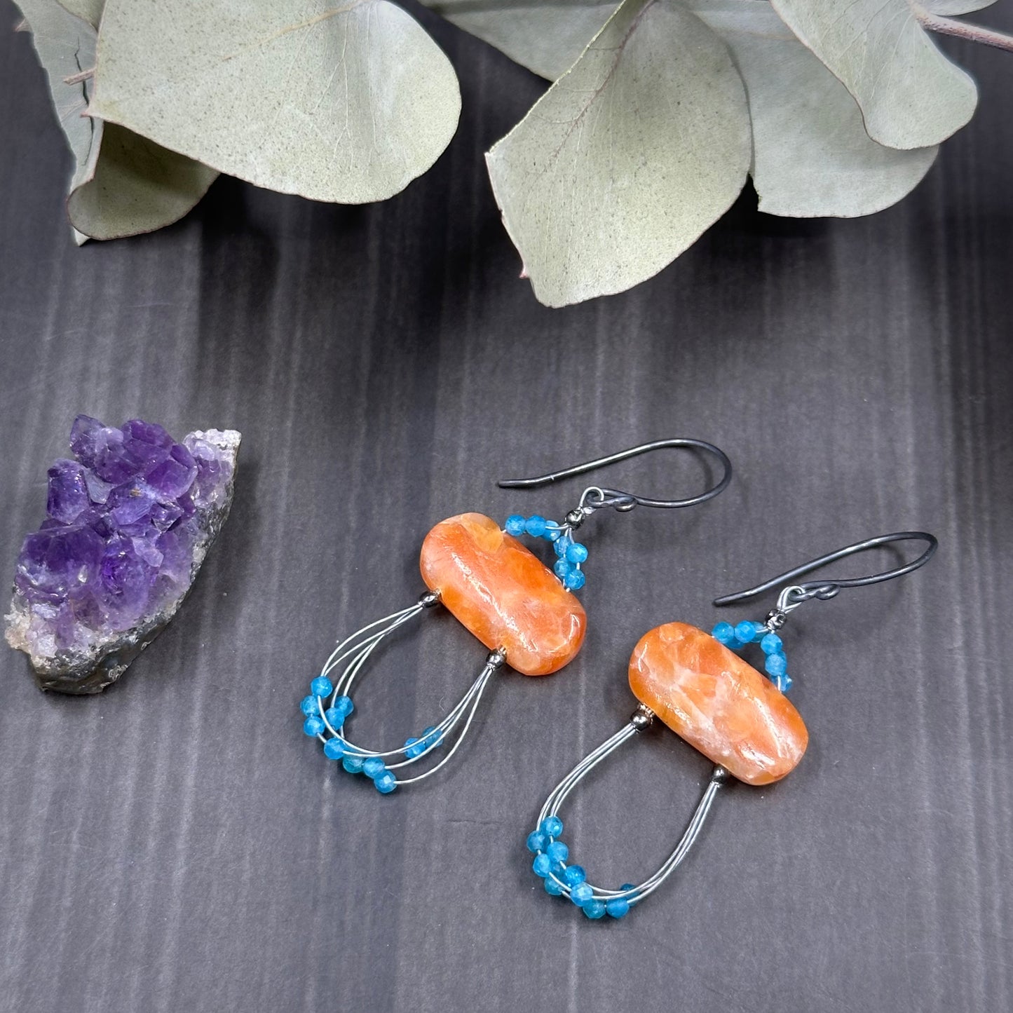 Orange Calcite and Apatite Earrings with Sterling Silver