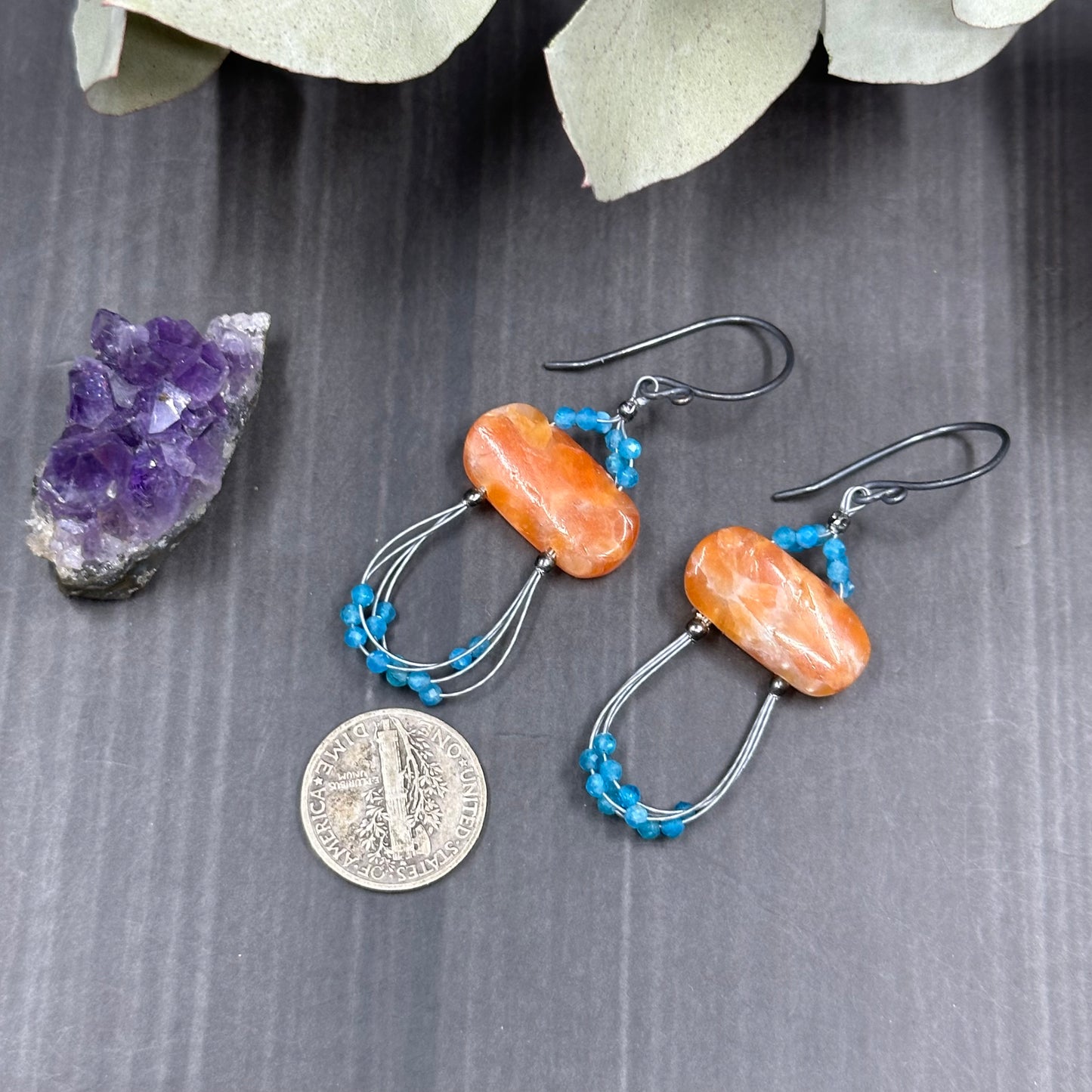 Orange Calcite and Apatite Earrings with Sterling Silver