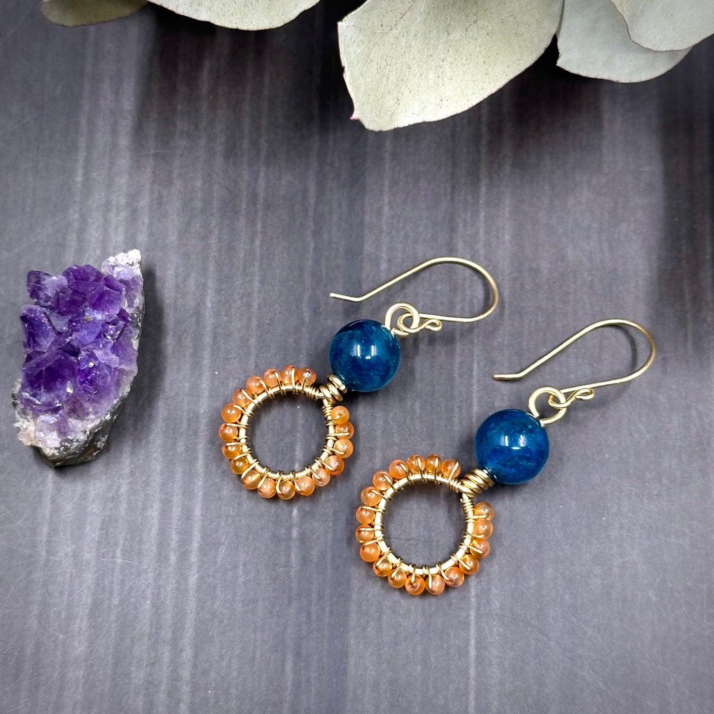 Carnelian, Apatite, and Red Brass Small Hoop Earrings