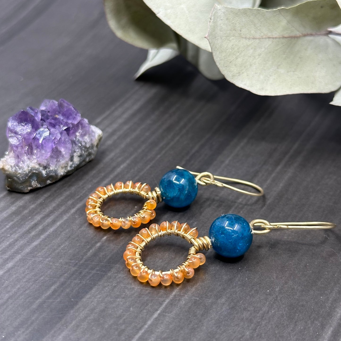 Carnelian, Apatite, and Red Brass Small Hoop Earrings