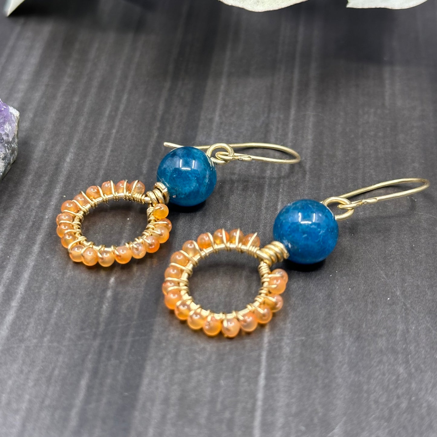 Carnelian, Apatite, and Red Brass Small Hoop Earrings