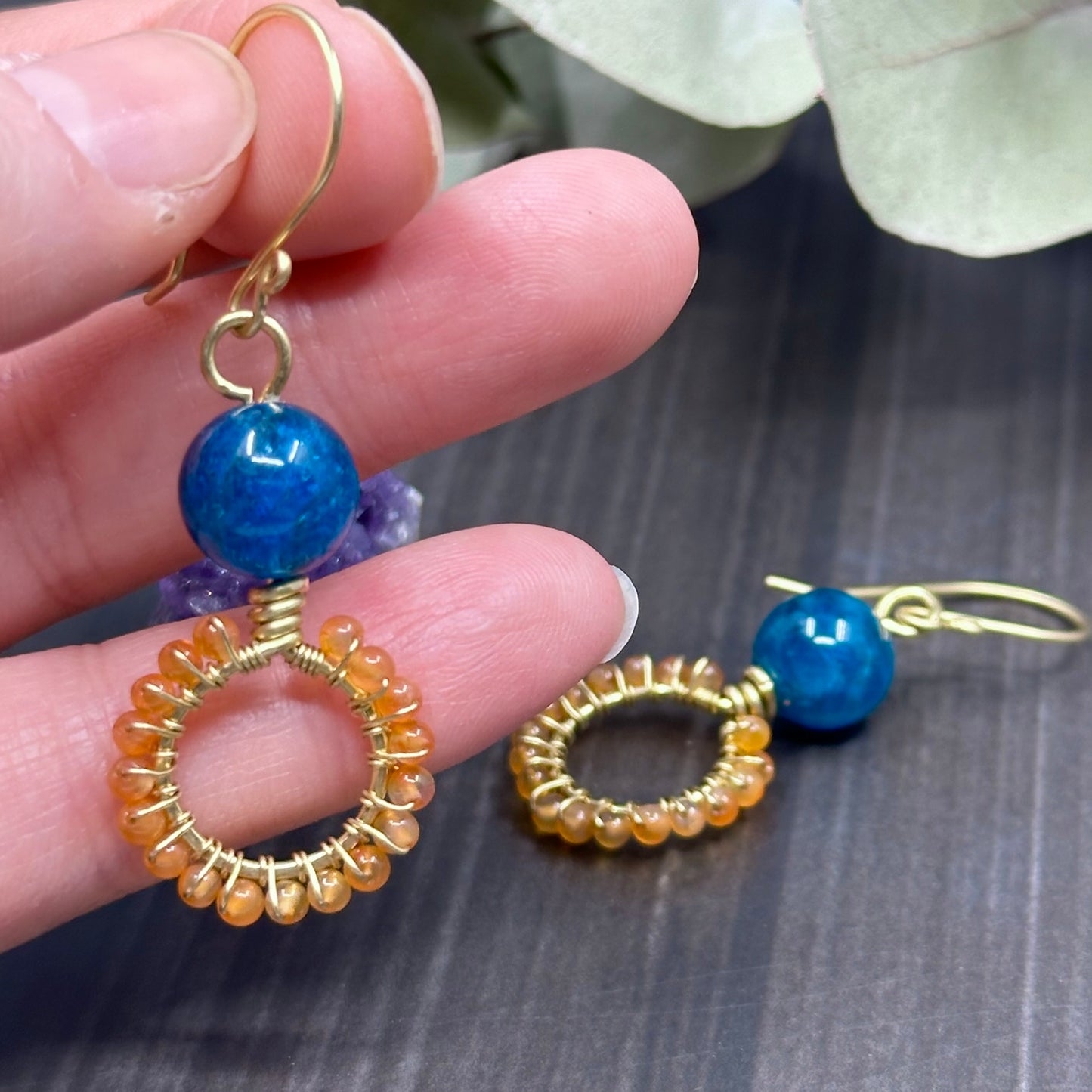 Carnelian, Apatite, and Red Brass Small Hoop Earrings