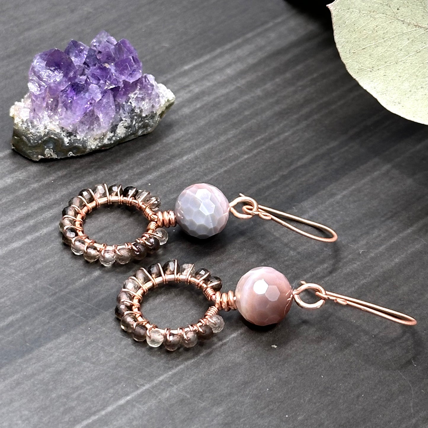 Smoky Quartz, Botswana Agate, and Warm Copper Hoop Earrings