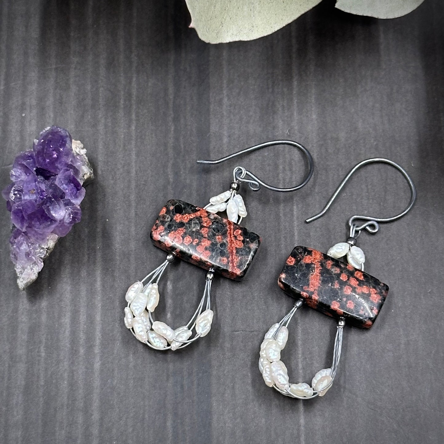 Snowflake Jasper, Freshwater Pearl, and Sterling Silver Earrings